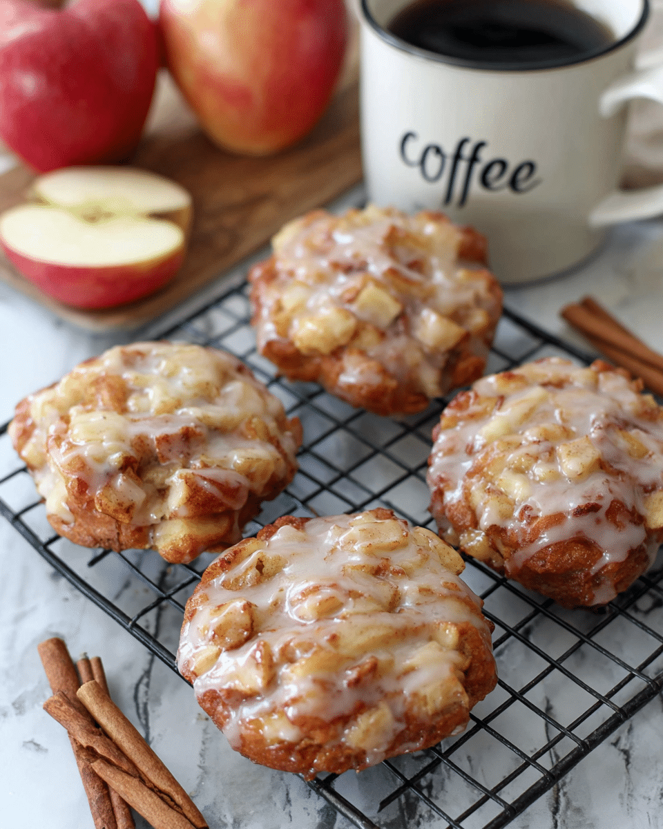 The image shows four apple fritters on a black wire cooling rack placed on a white marbled surface. Each fritter is irregular in shape with a golden-brown, crispy outside covered in a shiny light glaze that pools slightly around the edges, giving a moist look. The fritters have visible chunks of cooked apple throughout, adding texture and a bit of unevenness to their surface. In the upper left corner, there is a whole red apple and one apple cut in half with a smooth pale yellow inside. Two cinnamon sticks are placed above the fritters, near the apples, while a white cup filled with dark black coffee sits in the upper right corner of the image. A woman's hand part of a blue and white checkered cloth is seen in the lower left. The whole setup is on a white marbled surface. Photo taken with an iphone --ar 4:5 --v 7