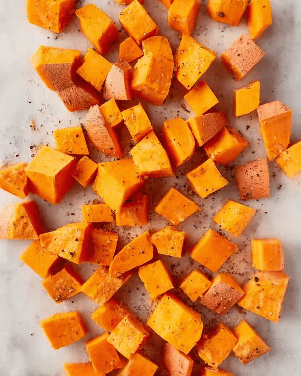 The image shows many small pieces of orange sweet potato spread out on a white marbled surface. The sweet potato pieces have a mix of smooth and rough texture, some with orange skin on the edges and some fully peeled. The pieces vary in size and shape, mostly cube-like with uneven cuts. There is a light sprinkle of black pepper and a glossy touch of oil on the sweet potatoes, adding shine and contrast to the bright orange color. The overall scene looks fresh and ready to be cooked. photo taken with an iphone --ar 4:5 --v 7