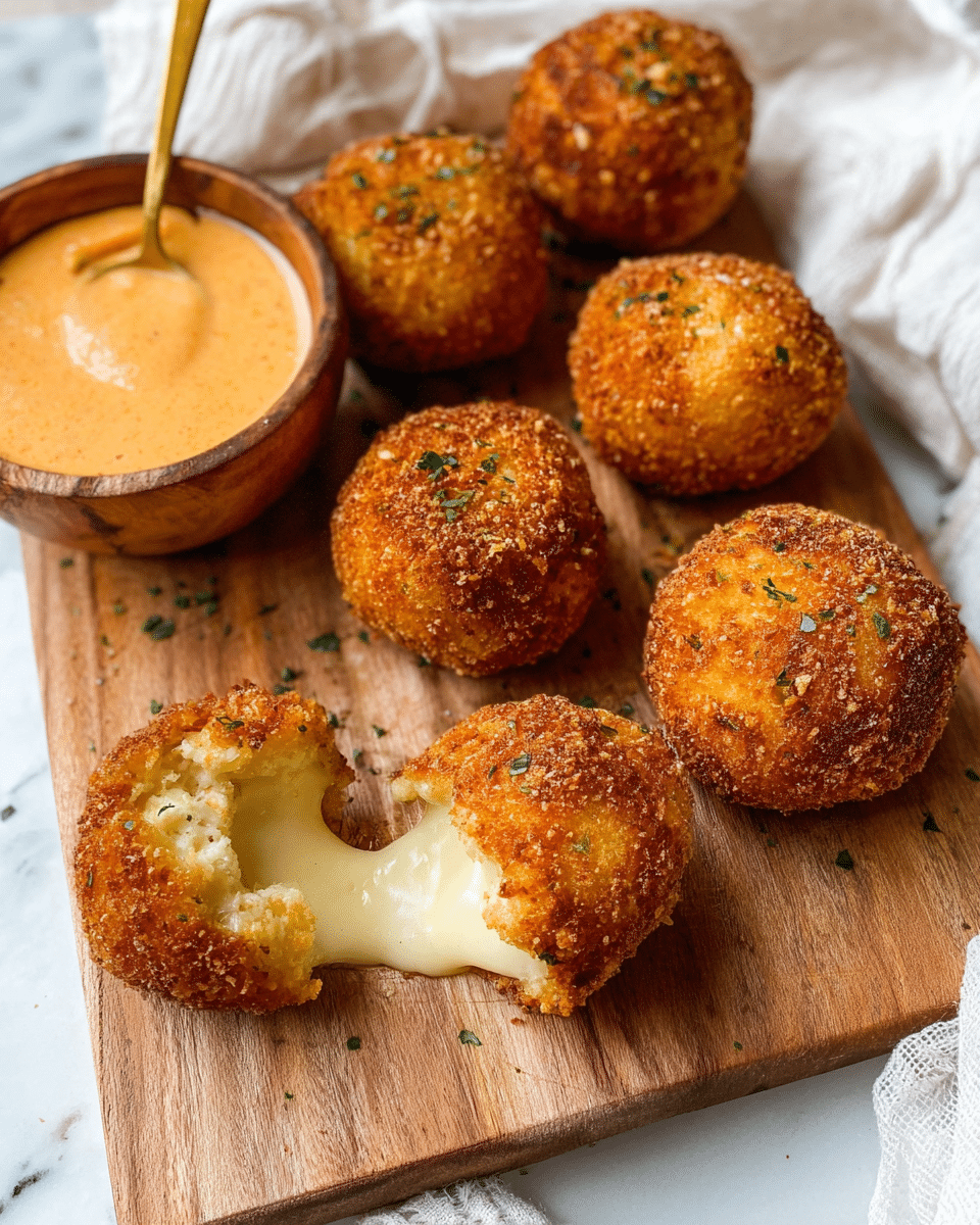 The image shows seven round, golden-brown fried balls arranged on a wooden board, with crispy textured crusts seasoned with small green herb bits. One ball is broken open, revealing a soft, melted white cheese center surrounded by a creamy, light beige filling. To the left side of the board, there is a small round wooden bowl filled with a smooth, light orange dipping sauce, with a golden spoon resting inside. The wooden board is placed on a white marbled surface partially covered by a folded white cloth. The overall scene is bright and close-up. photo taken with an iphone --ar 4:5 --v 7