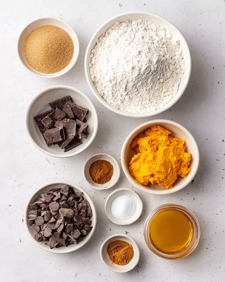The image shows seven small white bowls arranged on a white marbled surface, each filled with different baking ingredients. The largest bowl at the top right contains white flour with a soft, powdery texture. To its left, a smaller bowl holds light brown sugar, granulated but slightly clumped. Below the flour, a white bowl is filled with smooth, orange melted butter. Directly below the brown sugar, a bowl contains a mix of dark chocolate chunks and small chocolate chips with a rough, solid texture. At the bottom right, a small jar holds bright orange pumpkin puree, smooth in texture. Near the bottom left, much smaller bowls contain golden-brown cinnamon, powdery white baking soda, and golden vanilla extract in liquid form. The overall arrangement is clean and organized on the white marbled surface, showing a clear variety of textures and warm colors. photo taken with an iphone --ar 4:5 --v 7