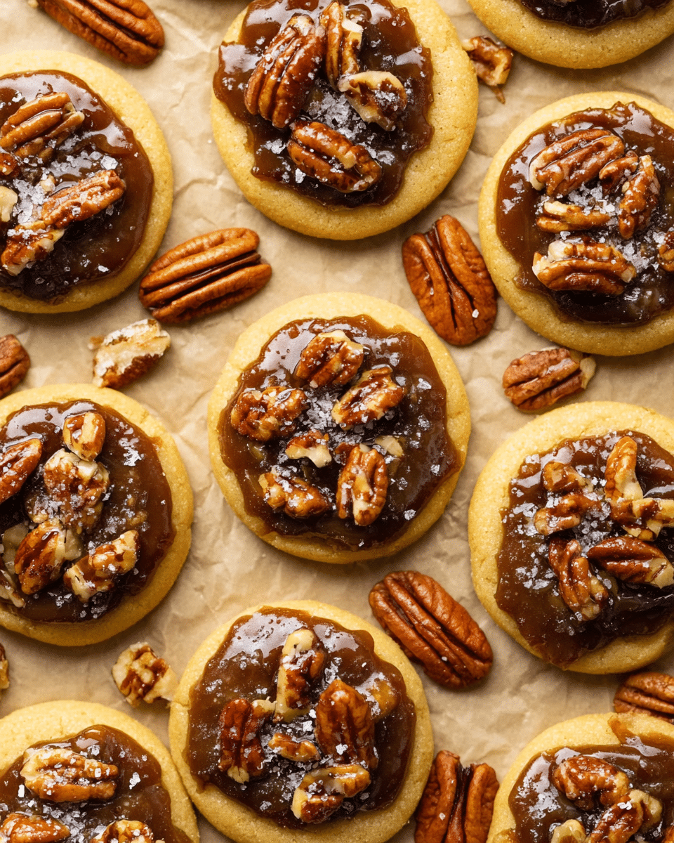 The image shows several round cookies arranged closely on a sheet of light brown parchment paper with a white marbled texture background. Each cookie has two layers: a soft golden-yellow base that is smooth and slightly thick, topped with a rich, glossy dark caramel-like layer mixed with many pieces of shiny roasted pecans. Some of the caramel layers have a light sprinkle of coarse salt, adding texture and contrast. Scattered around the cookies are whole and halved pecans, enhancing the rustic and homemade feel. photo taken with an iphone --ar 4:5 --v 7