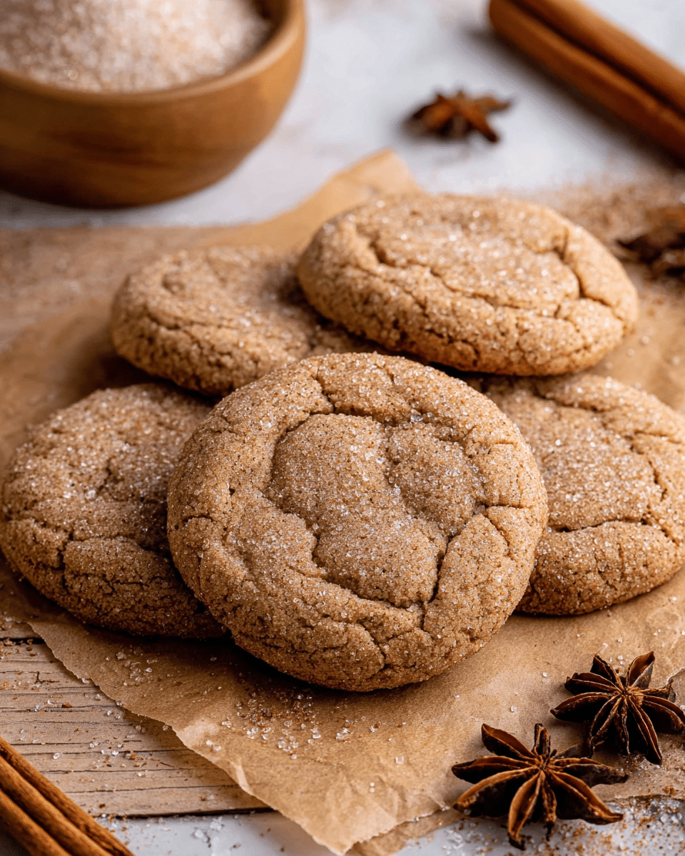 The image shows several round, light brown cookies with a cracked, slightly rough texture and a sprinkling of sugar crystals on top. They rest on a sheet of parchment paper placed on a wooden surface, with a cinnamon stick and a star anise nearby. A small wooden bowl filled with sugar is partly visible in the upper left corner. The colors are warm and inviting, with a natural, homemade feel. The background has been changed to a white marbled texture. Photo taken with an iphone --ar 4:5 --v 7