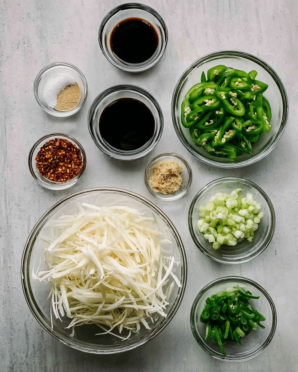 The image shows several small clear glass bowls arranged on a white marbled surface, each filled with different ingredients. The largest bowl at the bottom left contains many thin, white strips that look like sliced raw radish or similar vegetable. To the right of it, a medium bowl holds bright green sliced chili pieces. Below that, a smaller bowl contains chopped green onions. Above these, two bowls have dark liquid sauces, placed side by side. Toward the top left, there are four very small bowls: one with salt, one with light brown granules, one with crushed dried chili peppers, and one with a light beige paste-like substance. The clear bowls and ingredients create a simple and clean look. Photo taken with an iphone --ar 4:5 --v 7
