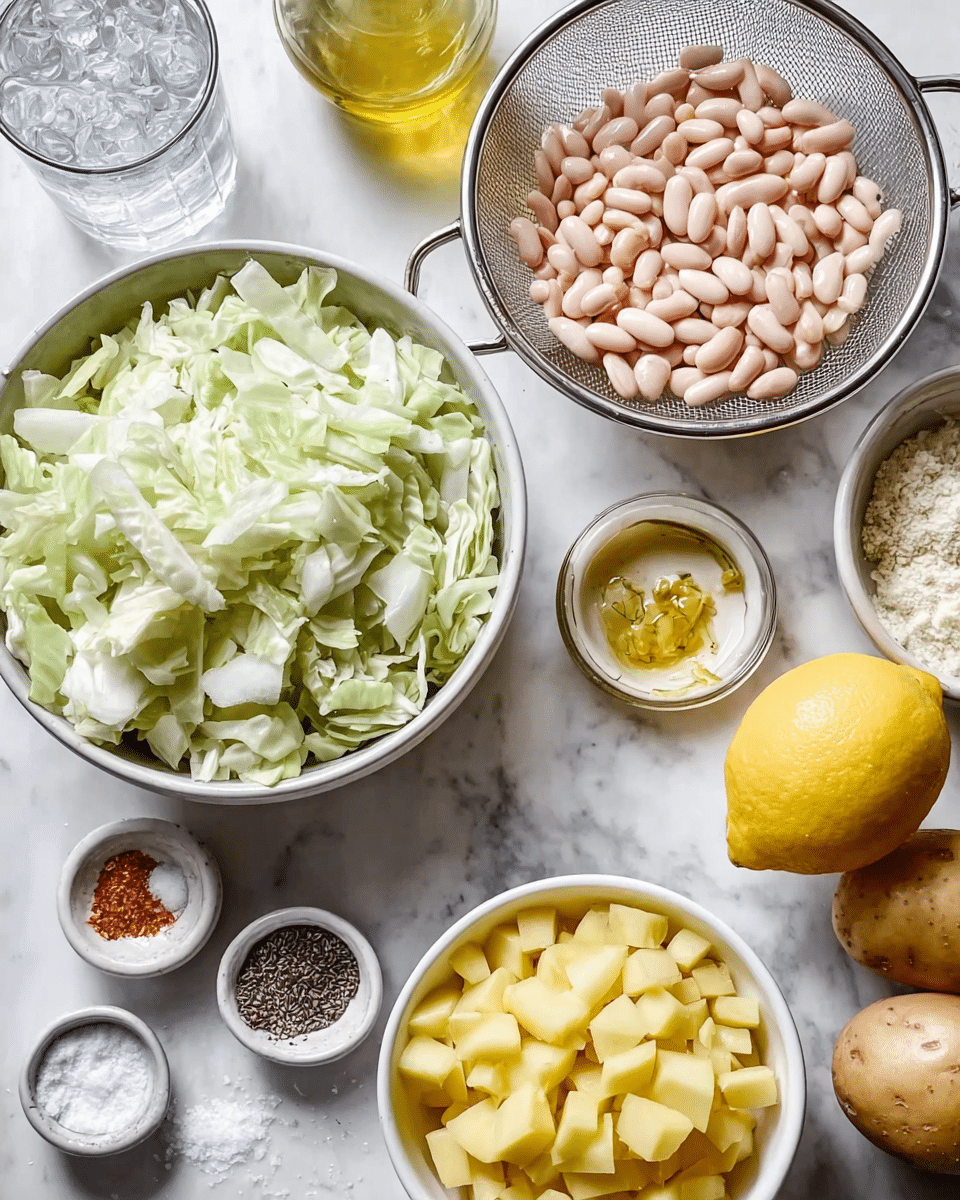 The image shows several white bowls and a strainer on a white marbled surface, each holding different fresh ingredients. One bowl is filled with chopped pale green cabbage with a rough texture. A metal strainer contains smooth, light pink beans. Another bowl holds small, evenly diced white onion pieces. A different bowl has chopped yellow potatoes with smooth edges. Small white dishes hold coarse salt and a mixture of dried black and white seeds. There is also a whole bright yellow lemon and a small glass bottle filled with clear olive oil. A clear glass of water with ice cubes is visible in the top left corner. The scene is clean and bright, with soft natural light. photo taken with an iphone --ar 4:5 --v 7