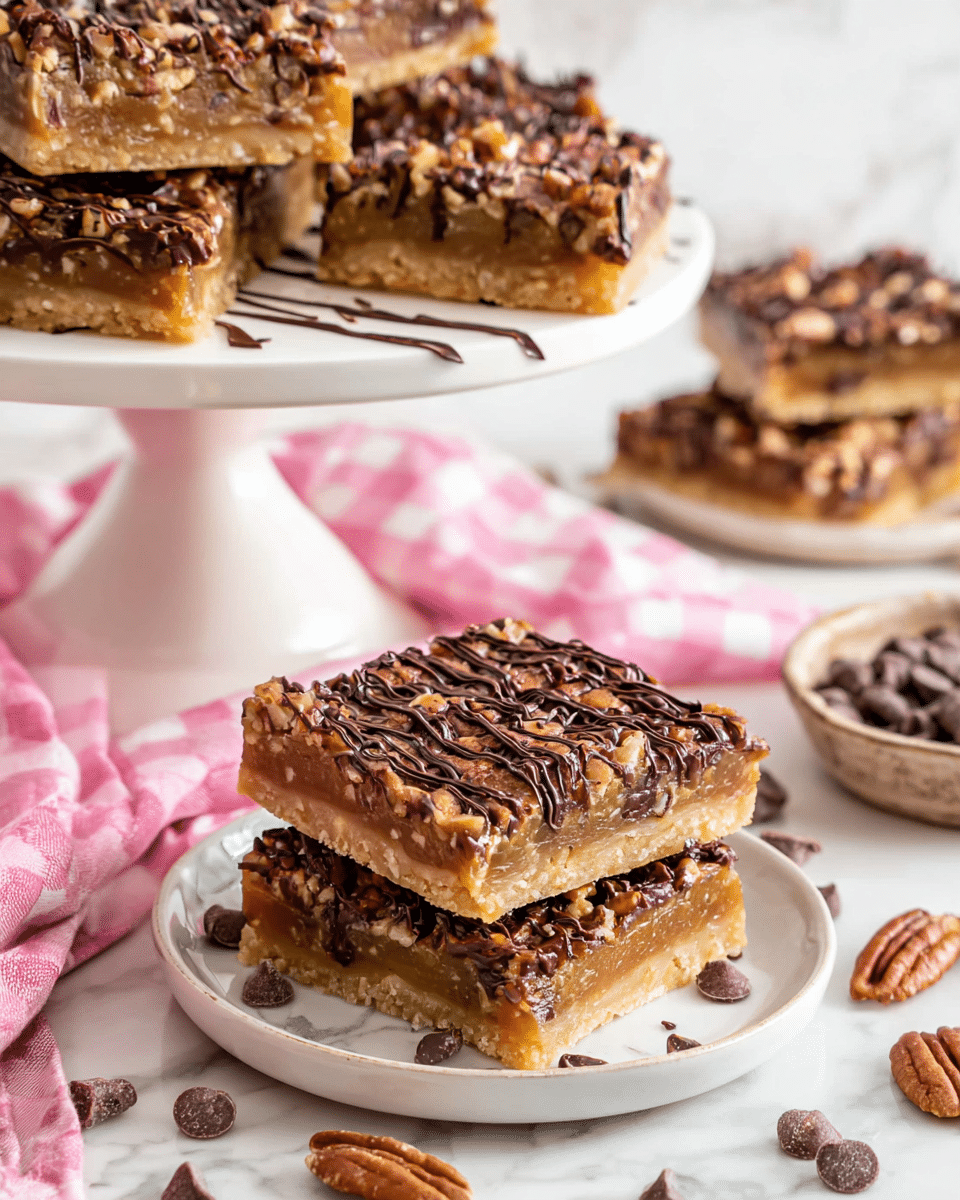 The image shows square dessert bars with three visible layers: a light golden crust at the bottom, a thick middle layer filled with chopped nuts and a sticky caramel-like texture, and a top layer drizzled with dark chocolate in a loose zigzag pattern. The bars are thick and chewy looking, with the top layer glossy and textured from the nuts and chocolate. Some bars are stacked on a white cake stand in the background, while two bars rest on a white plate in the front, surrounded by scattered chocolate chips and pecans. The scene is set on a white marbled surface with a pink checkered cloth partially visible nearby. photo taken with an iphone --ar 4:5 --v 7