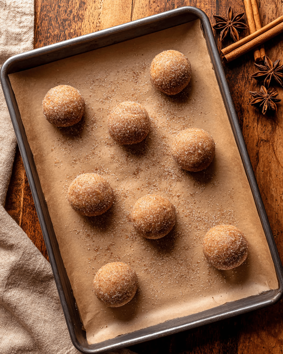 There is a metal baking tray with brown parchment paper on it, holding eight round cookie dough balls arranged in a loose grid. Each dough ball is light brown, covered in sugar and cinnamon giving a slightly grainy texture, and looks soft and smooth. The tray sits on a wooden surface with star anise and cinnamon sticks placed nearby on the top right corner. The overall colors are warm and earthy. Photo taken with an iphone --ar 4:5 --v 7
