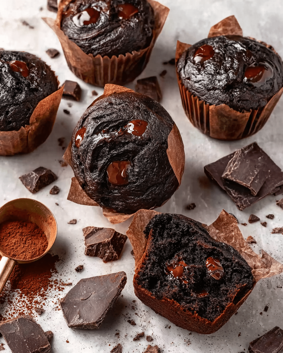 This image shows six chocolate muffins on a white marbled surface. Four muffins are whole and wrapped in brown paper cups, with the tops dark and glossy, decorated with melted chocolate swirls and chunks. One muffin is split open, revealing its moist, dark inside with shiny melted chocolate pieces in the center. Another muffin is whole, lying on its side, with a rich dark color and chocolate chunks on top. Around the muffins are scattered chunks of dark chocolate and a small brass scoop filled with cocoa powder. Photo taken with an iphone --ar 4:5 --v 7