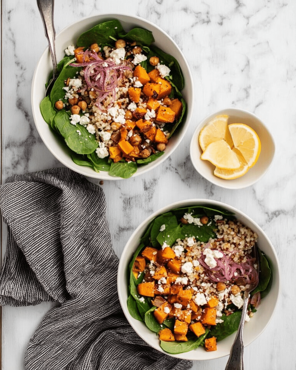 Two white bowls with salad are placed on a white marbled surface. Each bowl has three main layers: fresh dark and light green spinach leaves at the bottom, orange roasted butternut squash cubes scattered over, and a top layer of small grains mixed with tiny chopped pieces of red onion and small white cheese crumbles. Whole almonds and light brown chickpeas are also sprinkled across the salad layers. Each bowl has a spoon resting inside. Nearby, there is a small white bowl with two lemon wedges. A gray striped cloth is draped beside the bowls. Photo taken with an iphone --ar 4:5 --v 7