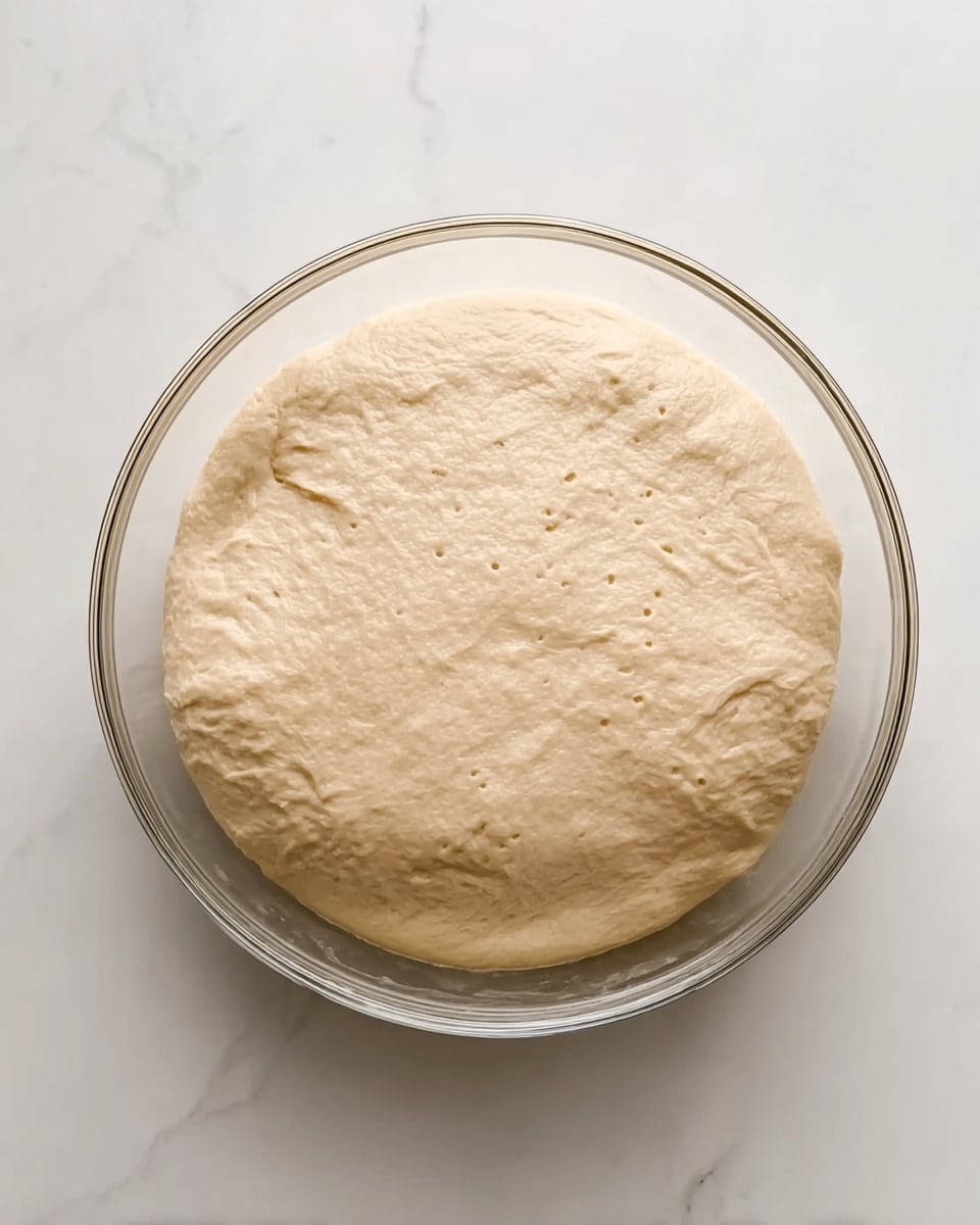 A clear glass bowl filled with a smooth, pale beige dough that has risen and expanded, showing soft, fluffy texture with some small air bubbles. The bowl is placed on a white marbled surface, giving a clean and bright background that highlights the dough’s slightly uneven top. The dough fills most of the bowl, gently touching the inner rim, creating a full and airy look. photo taken with an iphone --ar 4:5 --v 7