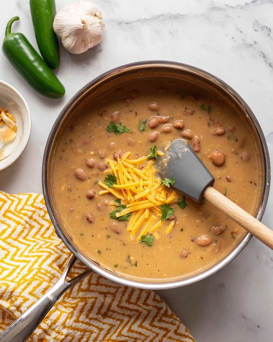 The image shows a metal pot filled with a smooth, light brown bean soup mixed with whole beans. On top of the soup, there are thin, shredded yellow cheese pieces and a few small green cilantro leaves scattered as garnish. A spatula with a dark gray head and a light wooden handle is resting inside the pot, partially lifting some of the soup. The pot sits on a white marbled surface next to a white bowl containing whole garlic bulbs and two green jalapeño peppers. A yellow and white zigzag patterned cloth is placed nearby. Photo taken with an iphone --ar 4:5 --v 7