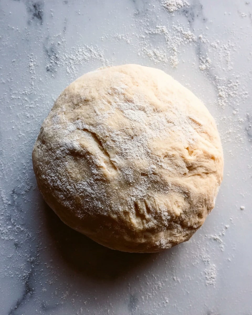 A round ball of dough with a slightly rough texture dusted with white flour sits on a white marbled surface. The dough looks soft and slightly uneven, with small cracks and folds visible on the top layer. The color is pale beige with some areas lighter due to the flour dusting. Photo taken with an iphone --ar 4:5 --v 7