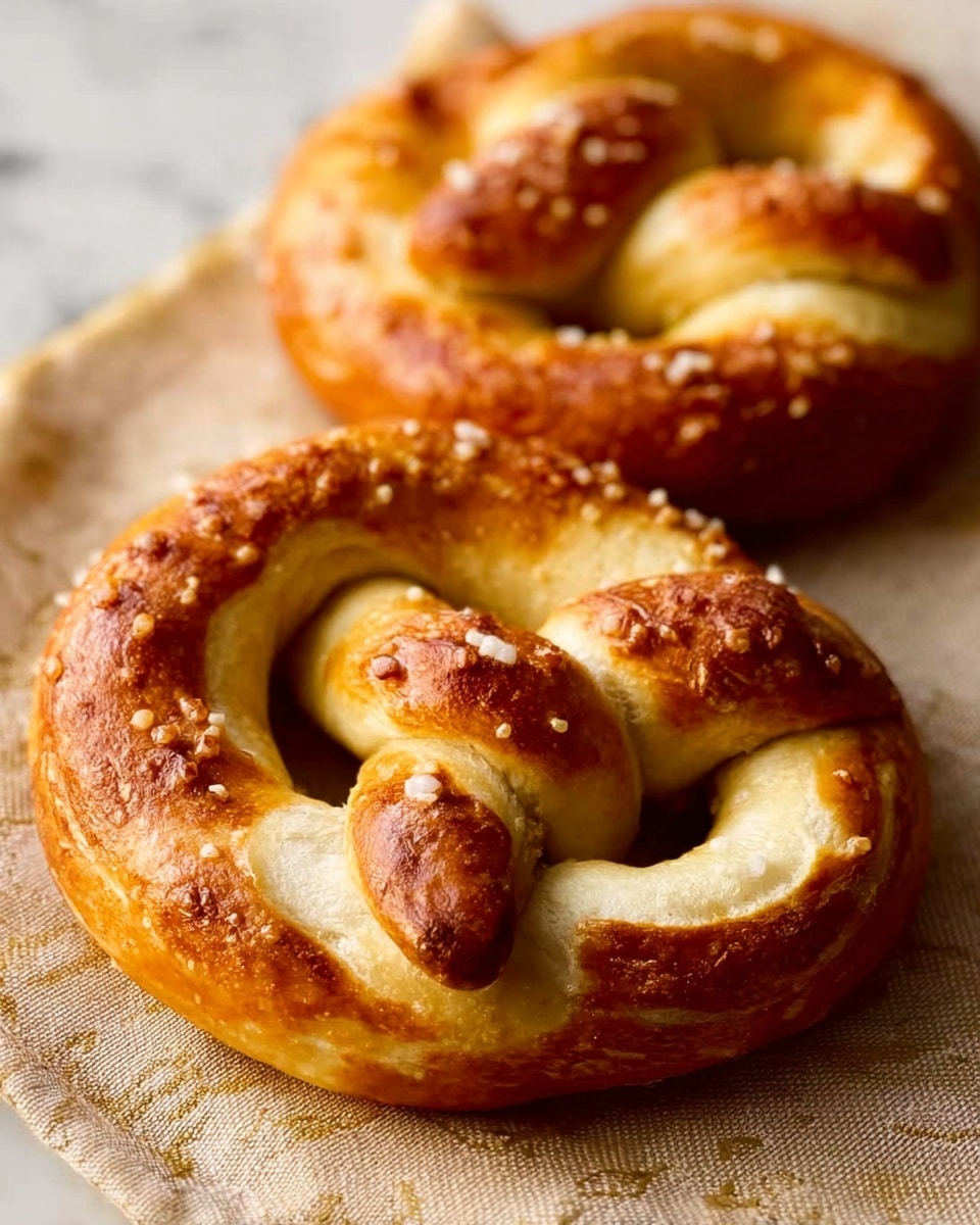 The image shows two golden brown soft pretzels with a slightly shiny surface and a rough, crunchy texture on some parts. Each pretzel is twisted into a classic knot shape with thick, doughy loops. The top is sprinkled with coarse salt crystals, adding a bright white contrast to the warm baked dough. The pretzels rest on a beige cloth with a subtle pattern, placed on a white marbled surface. The lighting highlights the softness and crispiness of the dough, making the pretzels look fresh and inviting. photo taken with an iphone --ar 4:5 --v 7