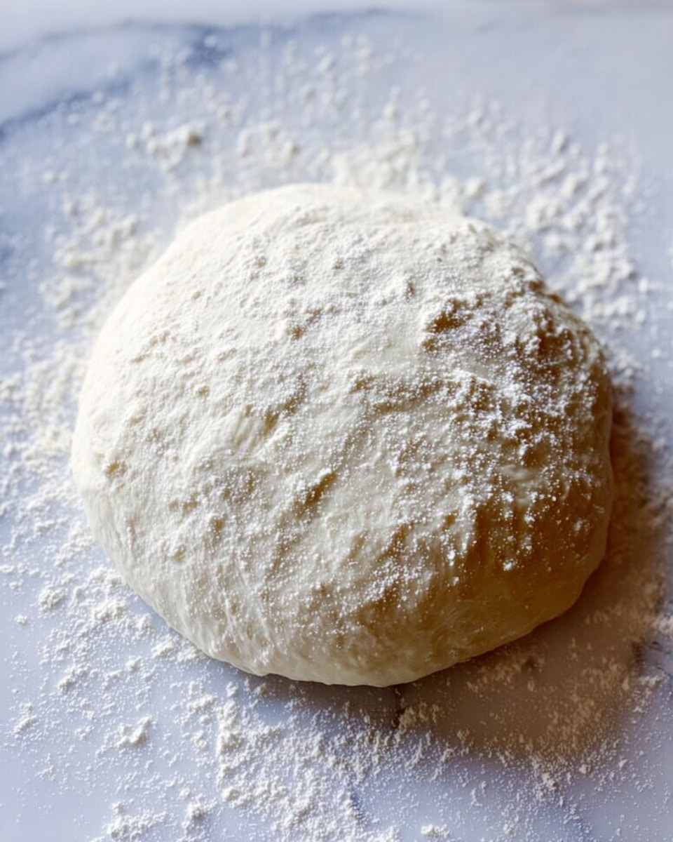 A round ball of soft dough sits on a white marbled surface, sprinkled lightly with flour on top and around the base. The dough looks smooth and slightly puffy, showing a light texture with some small air bubbles. The ball is pale off-white with gentle curves and faint crease marks. Photo taken with an iphone --ar 4:5 --v 7