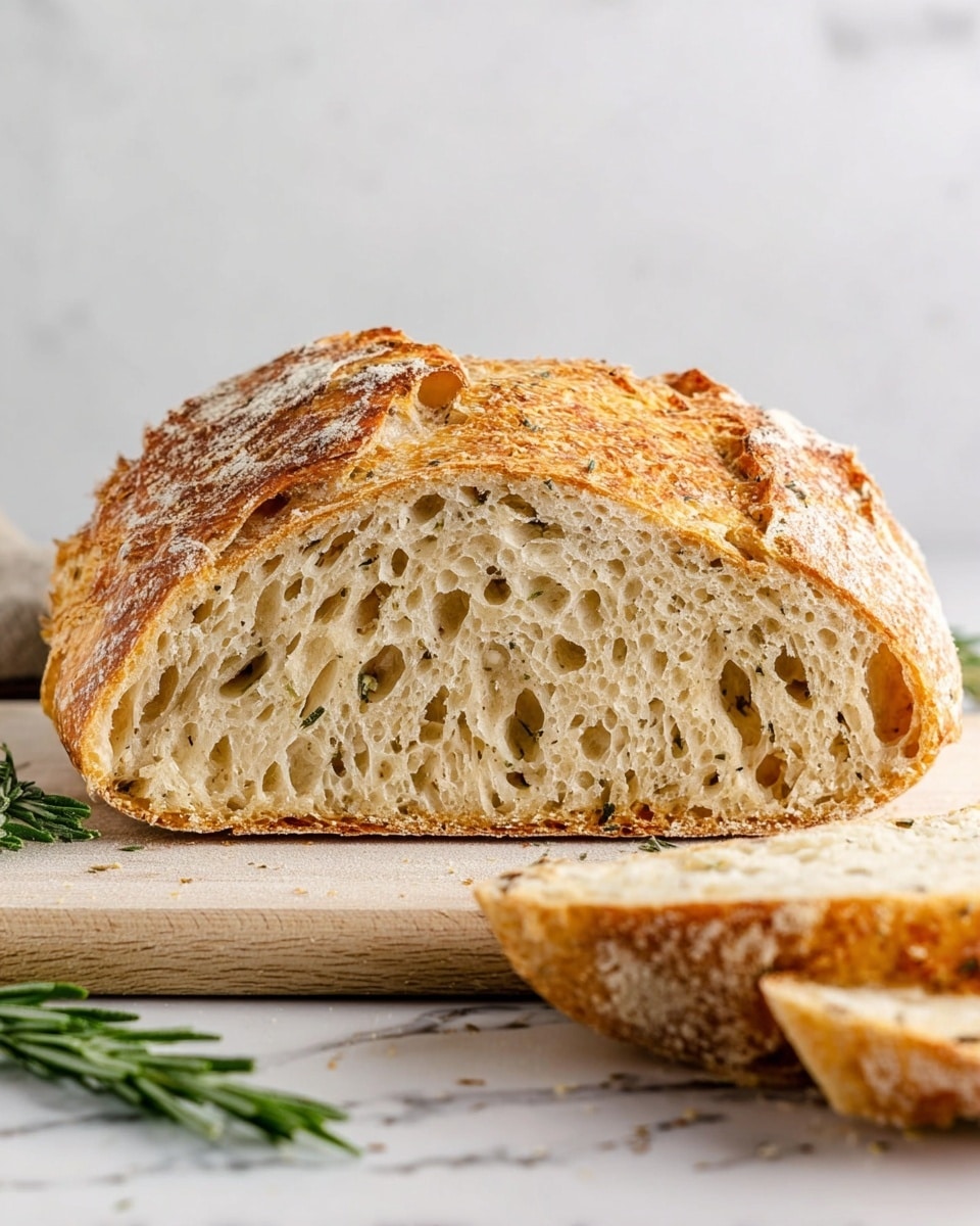 A loaf of rustic bread is shown sliced in half, revealing a soft, airy inside with many small to medium holes and a slightly speckled texture from herbs mixed in. The crust is golden brown, slightly crispy, and uneven on top, showing a natural, homemade look. The loaf sits on a light wooden board placed on a white marbled surface. Two slices of bread lie to the right, partially overlapping. A few sprigs of fresh rosemary are placed next to the bread on the left side. The background is a clean, soft white. photo taken with an iphone --ar 4:5 --v 7