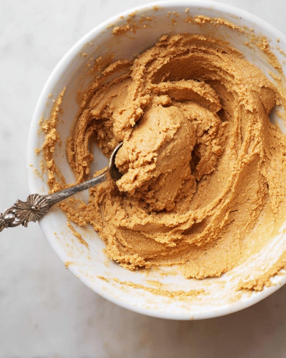 A close-up of a white bowl filled with thick, light brown dough or batter that has a coarse texture. The dough is spread unevenly inside the bowl with swirls and rough areas, showing its dense and slightly crumbly nature. An ornate silver spoon is partially pressed into the dough, with some dough sticking to the spoon’s surface. The bowl is placed on a white marbled surface and has some dough smudges along its inner sides. photo taken with an iphone --ar 4:5 --v 7