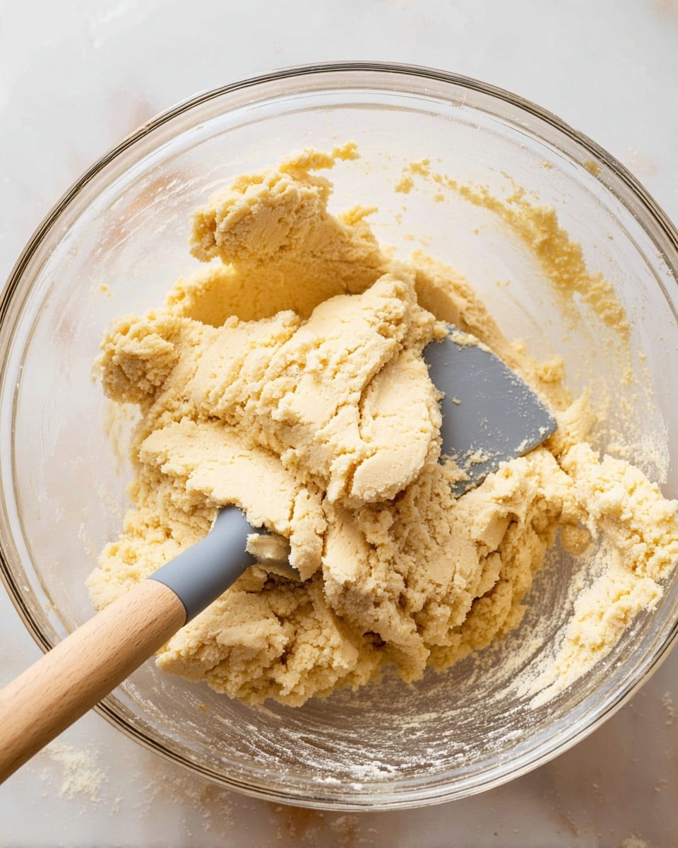 The image shows a close-up of thick, pale yellow dough with a crumbly texture inside a clear glass mixing bowl. A spatula with a wooden handle and a gray silicone head is partly buried in the dough, lifting some of it. The dough appears soft but slightly grainy, with uneven edges and small clumps stuck to the bowl's sides. The scene is set on a white marbled surface. photo taken with an iphone --ar 4:5 --v 7