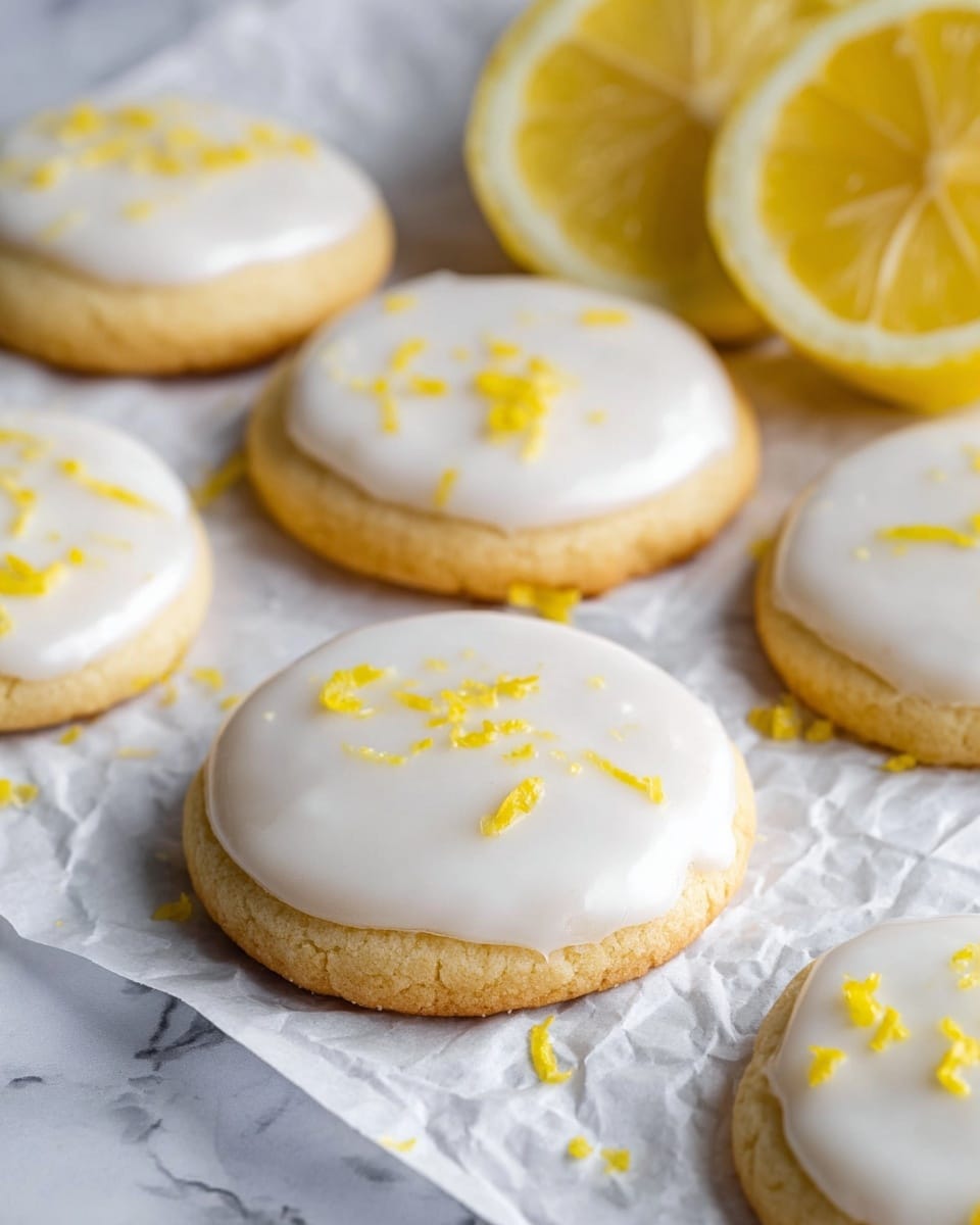 The image shows several round lemon cookies with a soft, light tan base layer topped with a smooth, glossy white icing layer that covers the top surface of each cookie. Some of the cookies have small, bright yellow lemon zest sprinkles scattered unevenly on the icing. In the background, there are halved lemons with vibrant yellow flesh, placed on a crinkled white parchment paper, all set against a white marbled textured surface. The photo has a close-up view focusing on the cookies in the center. Photo taken with an iphone --ar 4:5 --v 7
