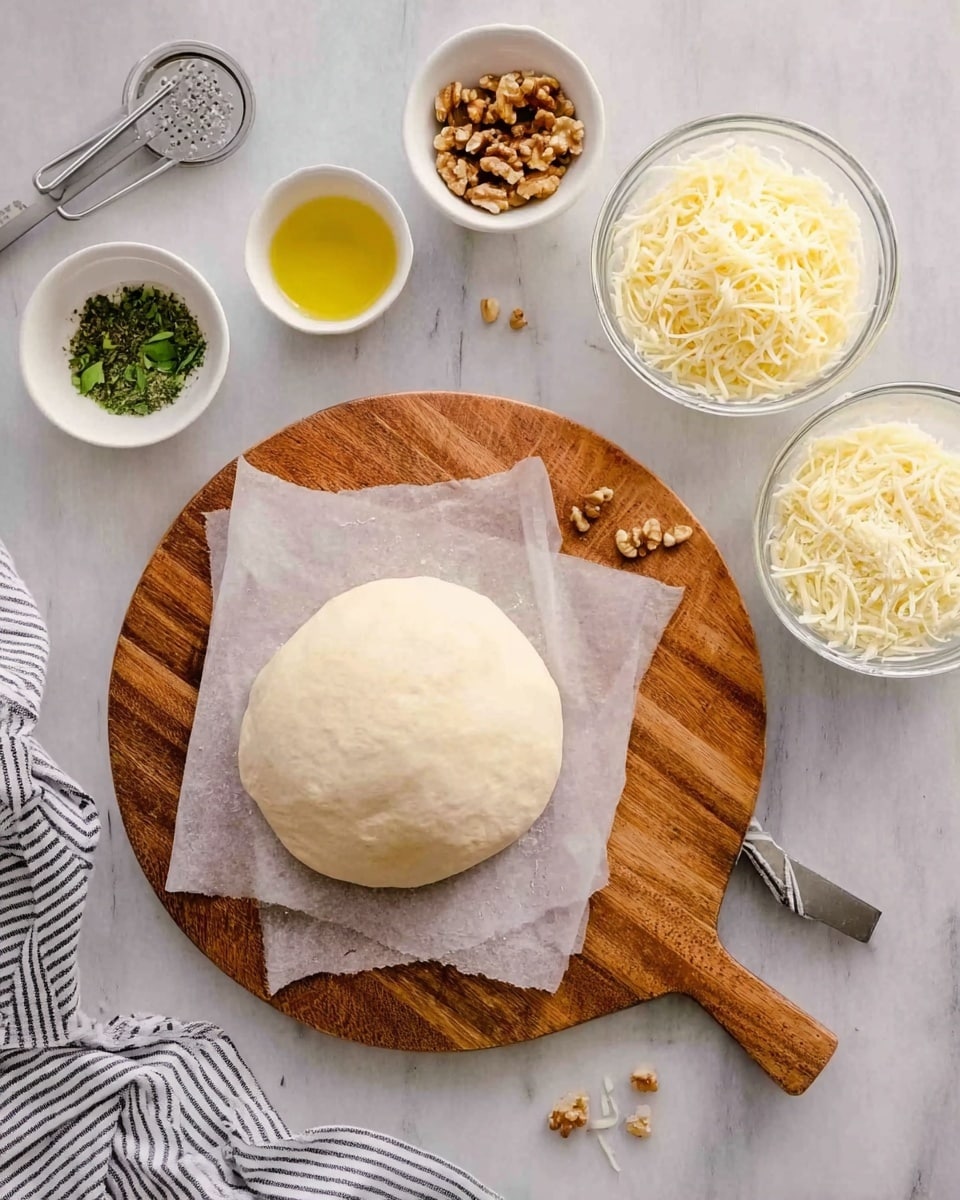 The image shows a round ball of pizza dough placed on a piece of parchment paper atop a round wooden cutting board with a handle, set on a white marbled surface. Surrounding it are small white bowls containing various ingredients: melted butter, crushed walnuts, mixed herbs, and salt. There are two clear glass bowls filled with shredded mozzarella and grated Parmesan cheese. A striped white and black cloth is partially visible on the left bottom corner. A silver pizza cutter rests on the white marbled surface near the bowls. The colors are natural and soft, giving a fresh and clean look. photo taken with an iphone --ar 4:5 --v 7