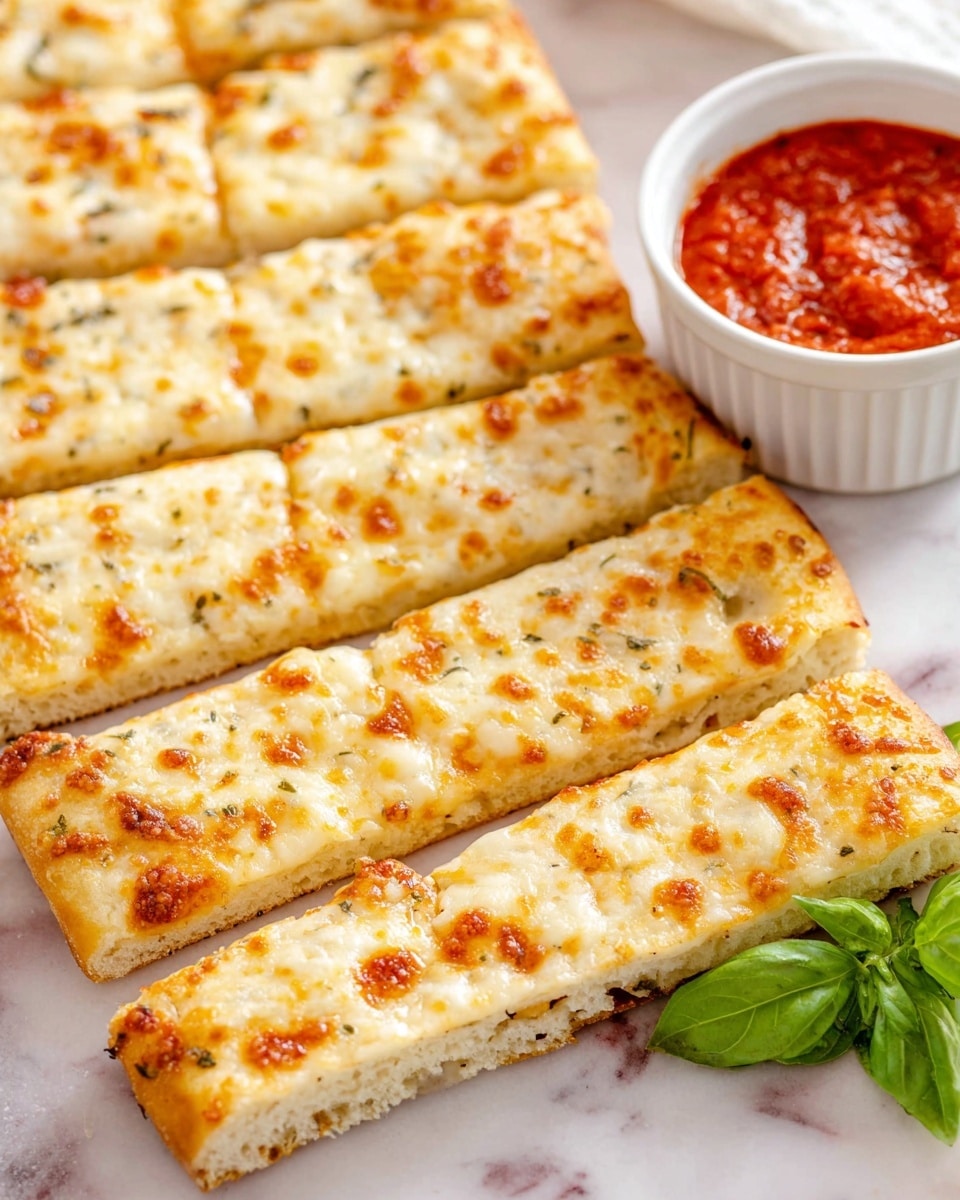 The image shows a white rectangular flatbread pizza sliced into long, narrow strips arranged on a white marbled surface. The flatbread has a thick crust with a light golden-brown bottom layer, topped by a smooth, creamy layer of melted cheese that is slightly browned and bubbly with small, golden spots scattered evenly across the surface. At the back, there is a white ramekin filled with rich, red marinara sauce, and fresh green basil leaves are placed near the bottom right corner of the flatbread, adding a pop of color. The overall texture looks soft and fluffy with a slightly crispy top. photo taken with an iphone --ar 4:5 --v 7
