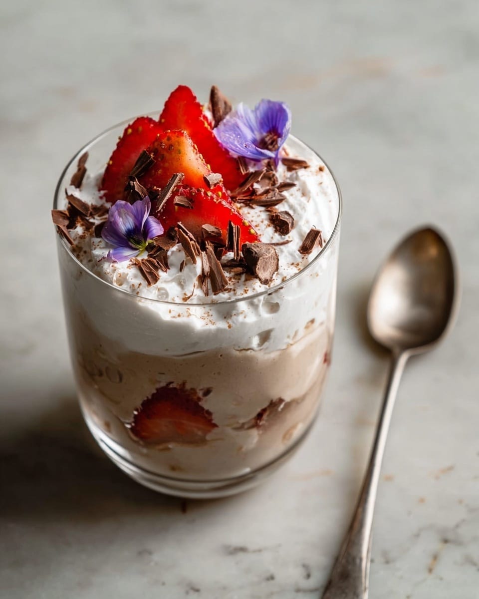A clear glass filled with three visible layers: the bottom layer is a creamy beige mixture, the middle layer is topped with a thick white whipped cream layer, and the top layer is decorated with red strawberry slices, light brown chocolate shavings, small dark chocolate pieces, and a single purple flower petal. The glass rests on a white marbled surface next to an old silver spoon. Photo taken with an iphone --ar 4:5 --v 7