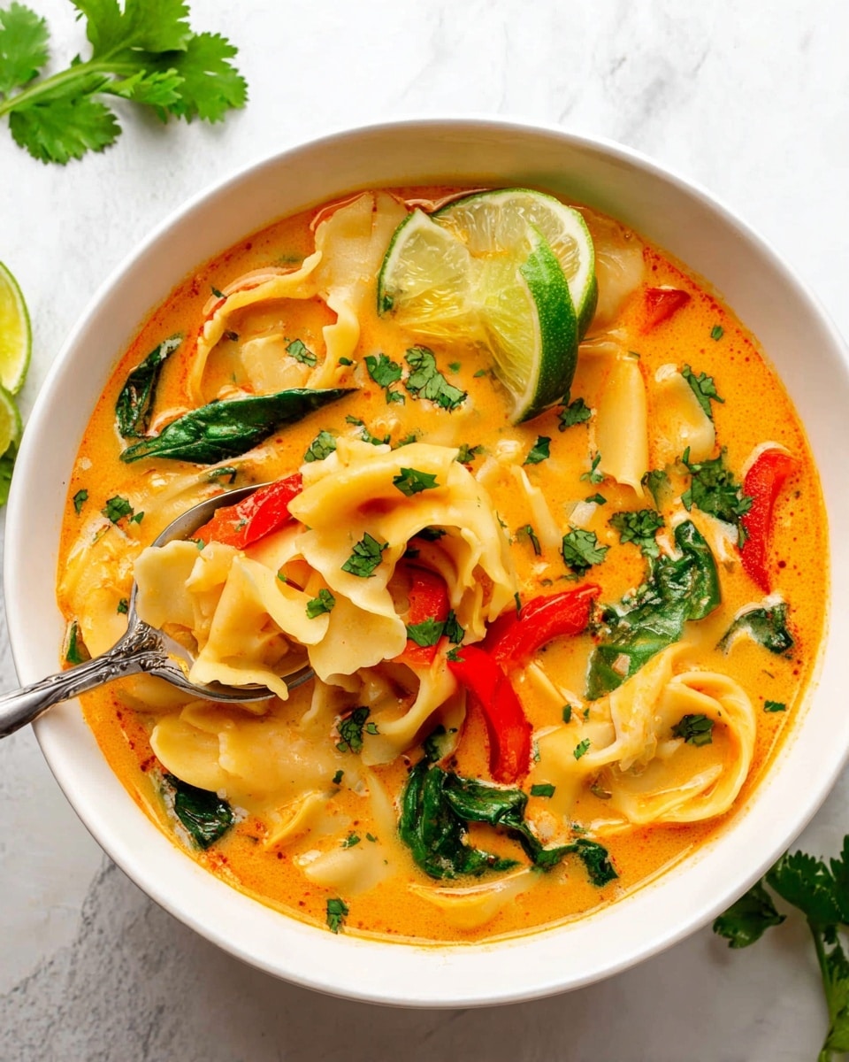 A white bowl filled with creamy orange soup containing wide, folded pasta noodles spread throughout. Inside the soup, there are bright green spinach leaves and red bell pepper chunks scattered around. A bright green lime wedge rests on the right side on top of the soup. Fresh chopped cilantro pieces are sprinkled on the soup surface, adding a fresh green color contrast. A shiny metal spoon is dipping into the soup on the left side of the bowl, holding some pasta, a piece of red bell pepper, and cilantro. The white bowl is placed on a white marbled surface with a few cilantro leaves placed nearby. Photo taken with an iphone --ar 4:5 --v 7