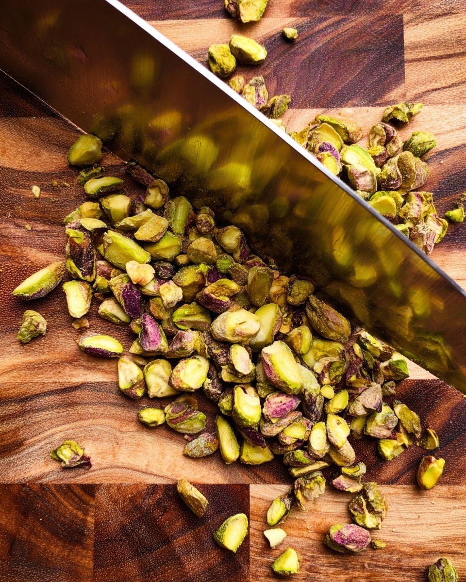 A close-up view of a wooden cutting board with a mix of whole and chopped pistachios spread across its surface. A shiny knife blade reflects light as it rests among the pistachios, showing green and purplish hues in the nut pieces. The wooden board has a rich, natural pattern with different shades of brown. The image focuses on texture and detail. photo taken with an iphone --ar 4:5 --v 7