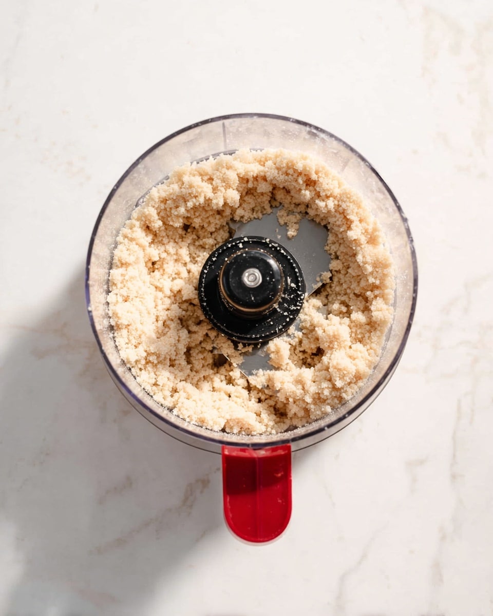 The image shows a clear glass food processor bowl with a red handle on a white marbled surface. Inside the bowl, there is a light beige crumbly mixture that forms a ring around the black central blade mechanism. The crumbly mixture looks soft and coarse, evenly spread along the sides but leaves the center and bottom partly visible. The scene is well lit with natural light. photo taken with an iphone --ar 4:5 --v 7