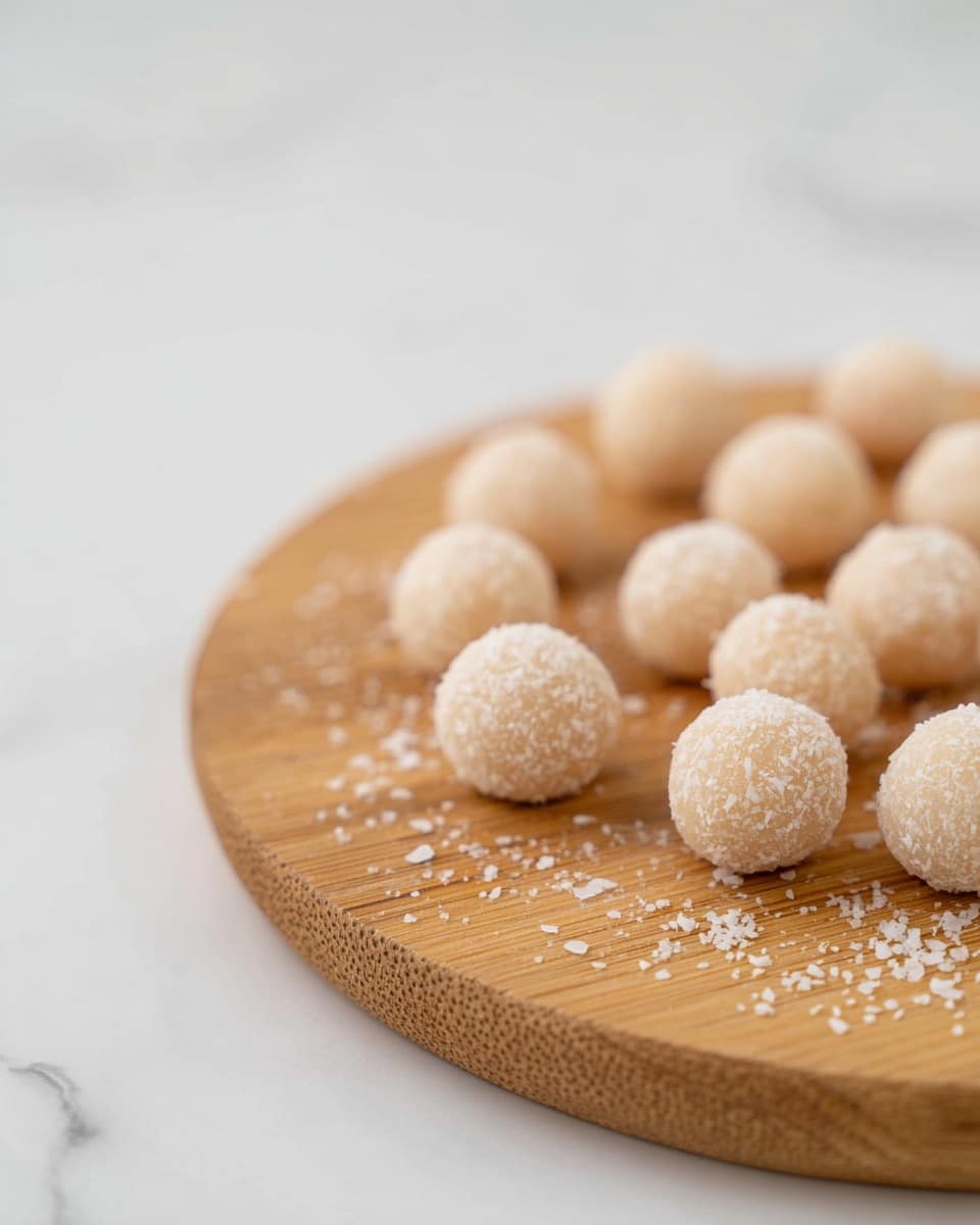 The image shows many small round balls covered in white flakes, placed loosely on a round wooden board. The balls have a light beige color under the white flakes and are arranged in a scattered pattern that fades softly out of focus towards the back. The board has a natural wood grain texture and slightly raised edges. The background is a smooth white marbled surface, creating a clean and bright look. Photo taken with an iphone --ar 4:5 --v 7