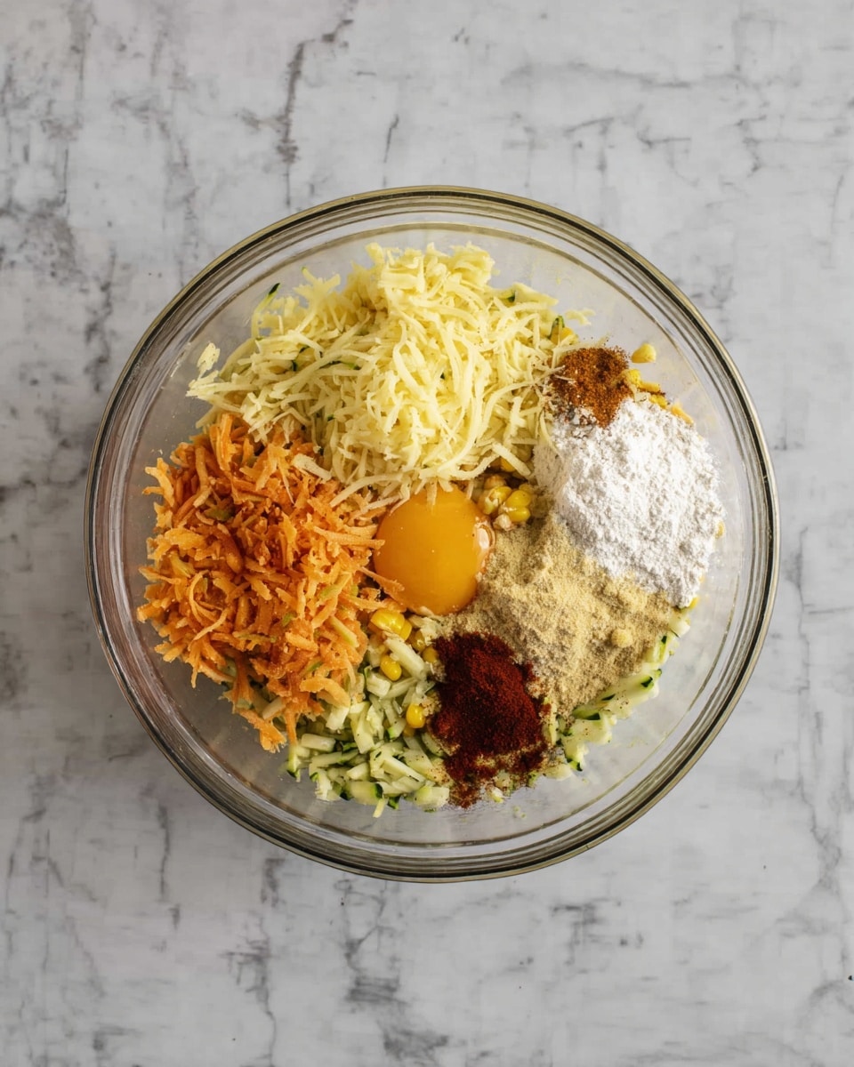 A clear glass bowl holds several colorful layers of ingredients arranged in sections. At the bottom left, there are small pieces of bright orange shredded carrots, next to pale yellow shredded cheese in the middle. Yellow corn kernels mixed with green chopped zucchini are seen beneath and around the carrots and cheese. To the right, a pile of white powdery flour sits beside a bright orange egg yolk. Dark reddish-brown and beige powders are sprinkled over the cheese and egg yolk. The bowl is placed on a white marbled surface. photo taken with an iphone --ar 4:5 --v 7