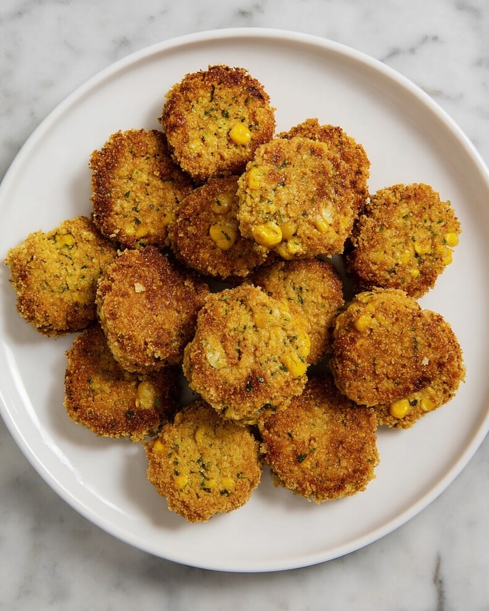 A white plate holds eleven small, round, golden brown patties with a crunchy texture. Each patty shows small yellow corn kernels and green herb bits inside, with a crisp, crumbly outer layer. The patties are piled slightly on top of each other, all resting on a white marbled surface. Photo taken with an iphone --ar 4:5 --v 7