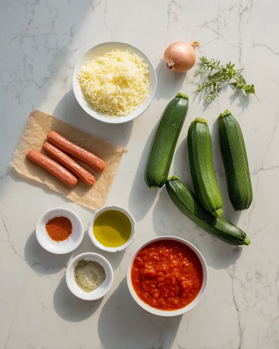 The image shows a white marbled surface with several cooking ingredients neatly arranged. There are four medium green zucchinis placed side by side near the center right, with a green herb branch beside them. Above the zucchinis, there is a halved small light purple shallot. In the center top left, a white bowl holds light yellow grated cheese. Below it, three thin, reddish-orange sausage sticks rest on a small piece of brown parchment paper. At the bottom left, there are three small white bowls: one with a reddish powder, one with a light brown powder, and one with olive green oil. On the bottom right, a white bowl contains bright red tomato sauce. The layout is simple and clear with good natural light, photo taken with an iphone --ar 4:5 --v 7