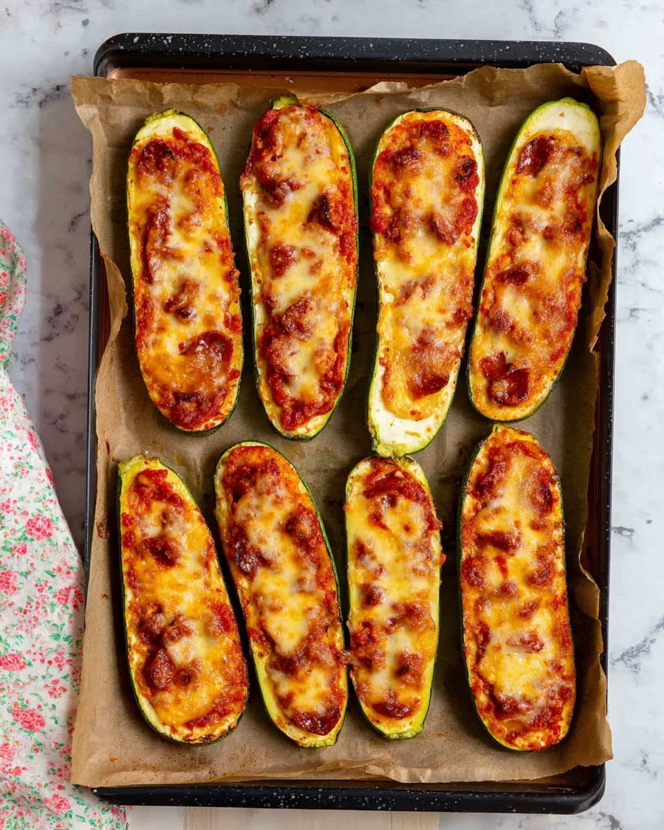 The image shows eight zucchini boats on a black baking tray lined with brown parchment paper. Each boat is a hollowed-out zucchini half filled with three layers: a green zucchini base, a layer of red tomato sauce, and a topping of melted golden-brown cheese speckled with small reddish sausage slices. The cheese is bubbly and slightly browned at the edges. The tray is placed on a white marbled surface with a floral cloth partially visible at the bottom left corner. photo taken with an iphone --ar 4:5 --v 7