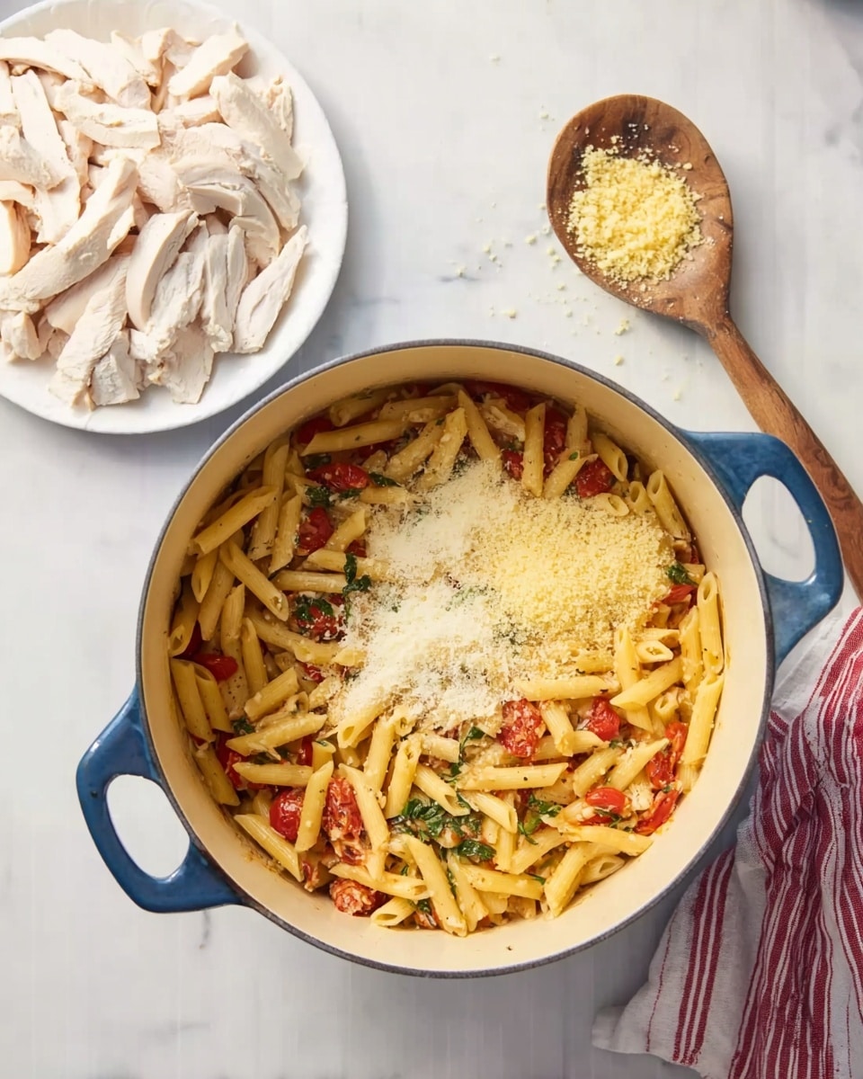 A large blue pot sits on a white marbled surface filled with cooked penne pasta mixed with red tomato pieces and green herbs. On top of the pasta, there are two separate piles: one of grated pale yellow cheese and another of light yellow breadcrumbs. Above and to the left of the pot is a white plate stacked with sliced white chicken pieces. To the right of the pot is a large wooden spoon with some small white bits on it. A red and white striped cloth is partially visible in the bottom right corner. Photo taken with an iphone --ar 4:5 --v 7