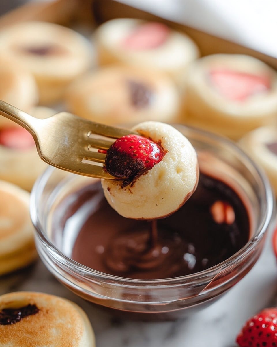 A close-up of a small light beige bite-sized pancake with a red strawberry piece on top, held by a golden fork just above a clear glass bowl filled with smooth, dark brown chocolate sauce, with more similar pancakes scattered out of focus in the background on a white marbled surface. The pancake shows a soft, slightly puffy texture with a hint of golden brown on its edges, and the strawberry adds a touch of bright red color against the neutral tones. Photo taken with an iphone --ar 4:5 --v 7