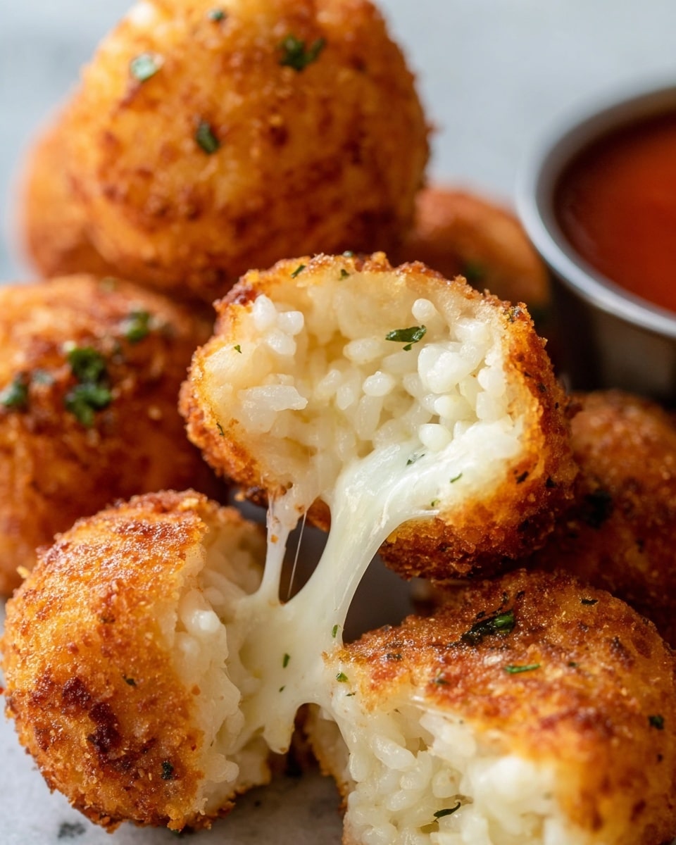 The image shows a close-up of round golden-brown fried balls with a crispy outer layer sprinkled with small green herb bits. One ball is split in the middle, revealing a white, soft, and sticky rice layer mixed with melted white cheese stretching out in a thin string. The balls are placed on a white marbled surface with a small bowl of red sauce blurred in the background. The texture of the outer crust is crunchy, and the inside looks creamy and cheesy, making a nice contrast. photo taken with an iphone --ar 4:5 --v 7