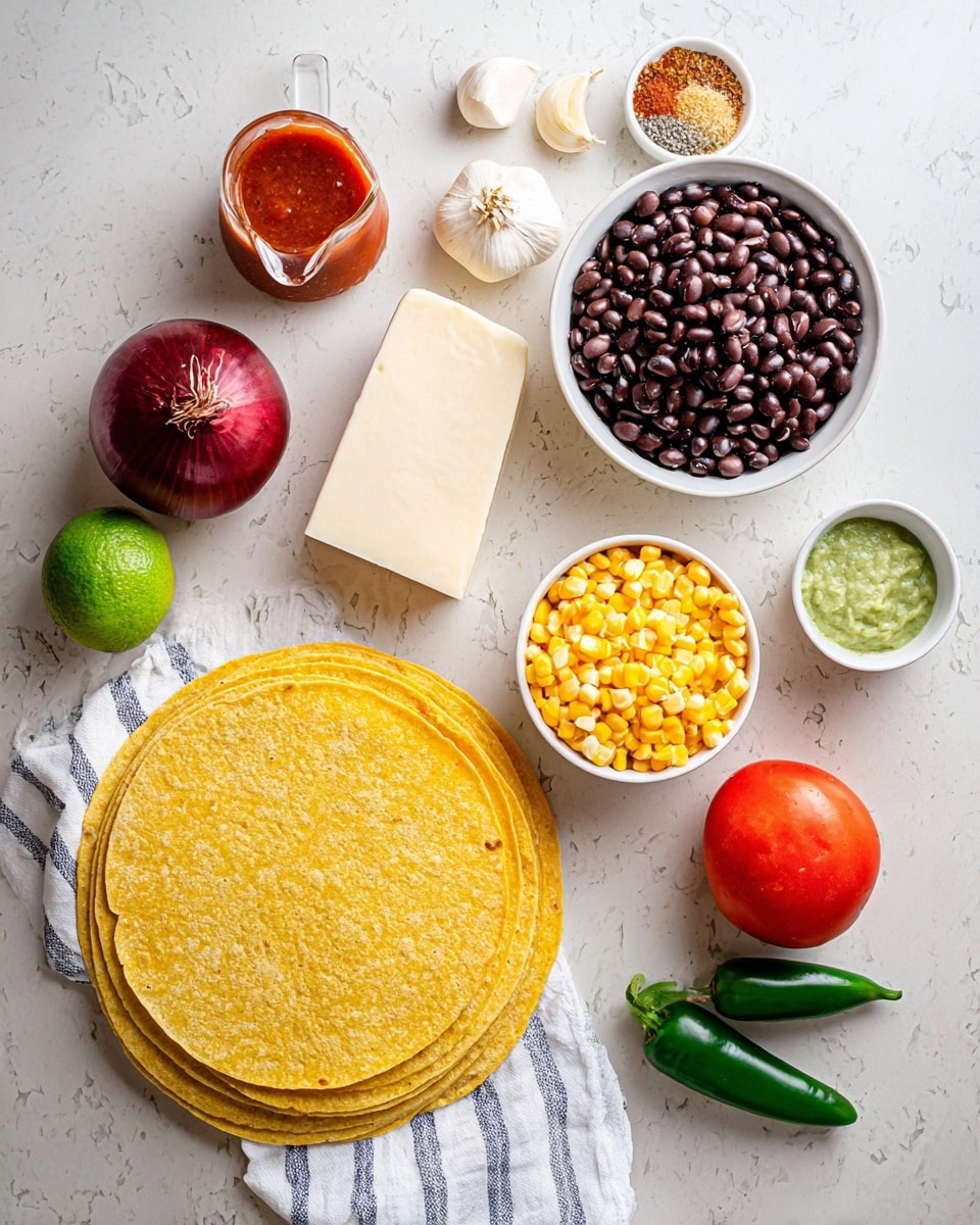 The image shows a flat lay of cooking ingredients on a white marbled surface. At the bottom are six yellow corn tortillas stacked in layers, each showing a rough texture. To the right above the tortillas are two white bowls: one filled with shiny black beans and another with bright yellow corn kernels. Nearby, a small bowl contains a mix of brown, red, and white spices. Above this are a light cream block of cheese, a red onion with a smooth outer skin, a bright red tomato, and a green jalapeño pepper. To the left, a lime sits next to a small bowl of white sour cream and another bowl with green sauce that looks like salsa verde. Three garlic cloves are placed near a small pitcher of red sauce, and a white and blue striped cloth is folded underneath the sauce container. The photo taken with an iphone --ar 4:5 --v 7