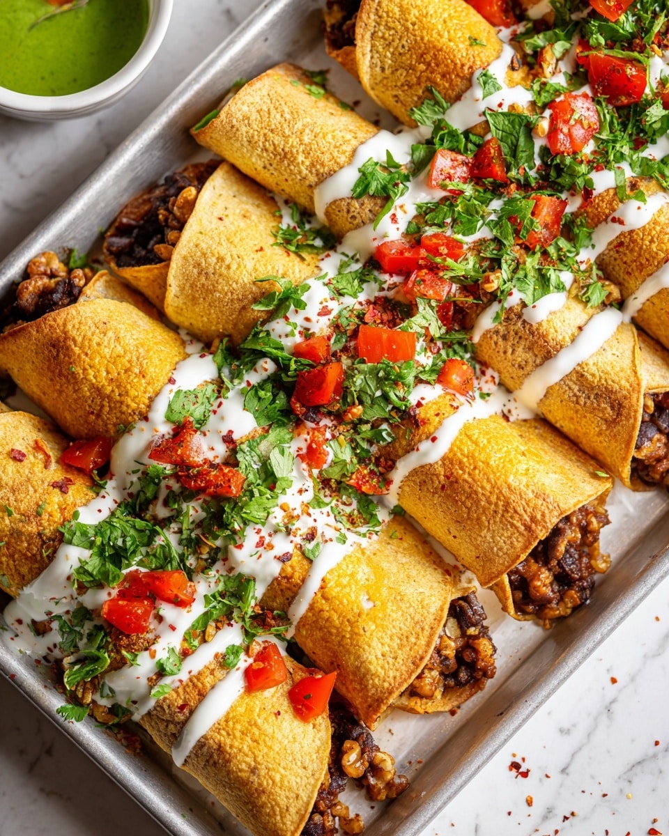 A close-up of a tray filled with six rolled, golden brown tortillas, each stuffed with a mix of dark brown beans and walnuts. The tortillas are topped with a white creamy sauce drizzled unevenly over them. Scattered on top are small bright red tomato pieces and fresh green parsley leaves, adding color contrast. There are also small red chili flakes spread across the dish for a slight touch of spice. In the top left corner, a small bowl contains a green sauce. The whole tray rests on a white marbled surface. photo taken with an iphone --ar 4:5 --v 7