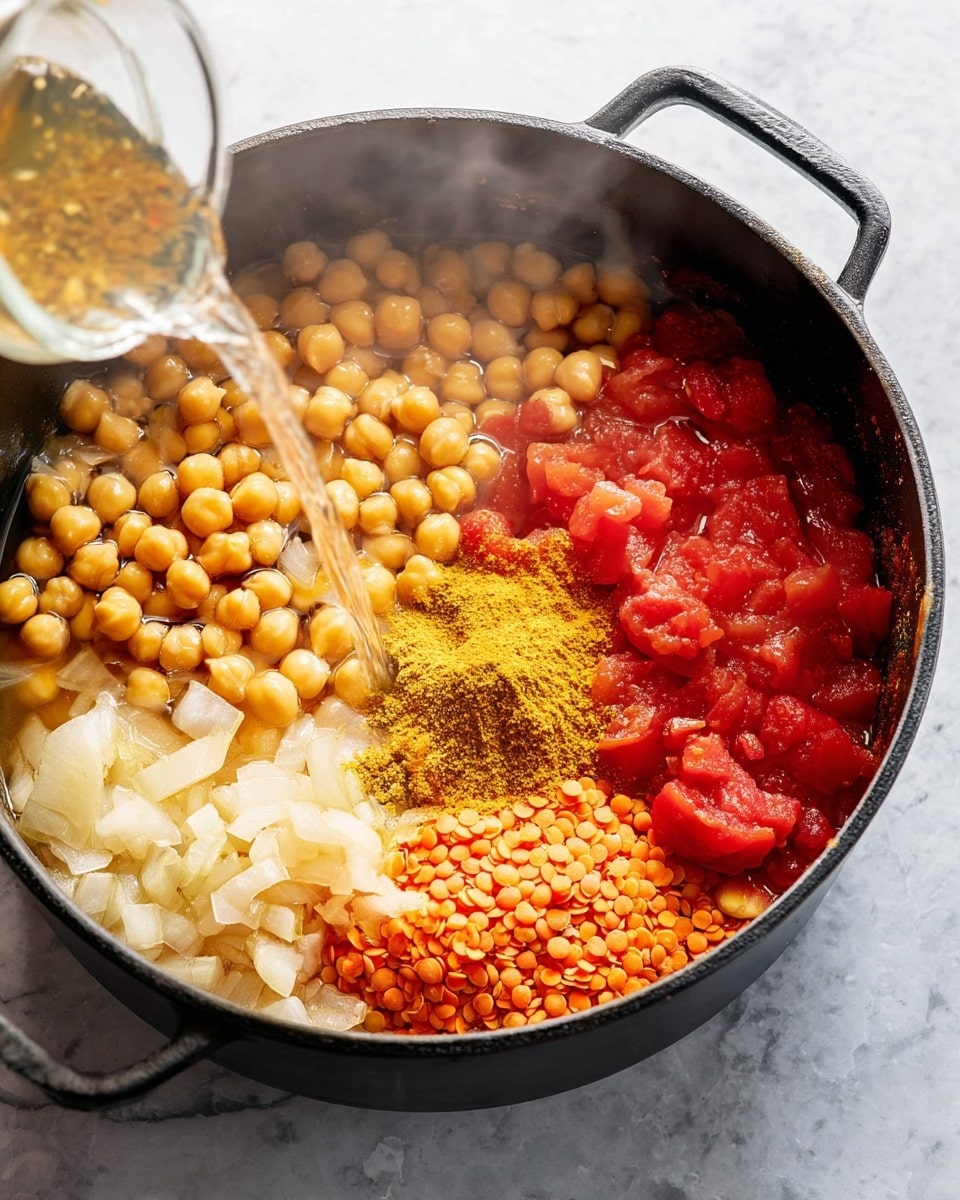 A black round pot holds a colorful mix of ingredients arranged in separate sections: golden yellow chickpeas at the top, pale yellow cooked onions on the right, bright red chopped tomatoes at the bottom right, orange split lentils at the bottom left, and a mound of yellow curry powder near the center. Clear broth is being poured into the pot from the left side, meeting the ingredients and creating steam that rises from the pot. The pot is placed on a white marbled surface. photo taken with an iphone --ar 4:5 --v 7