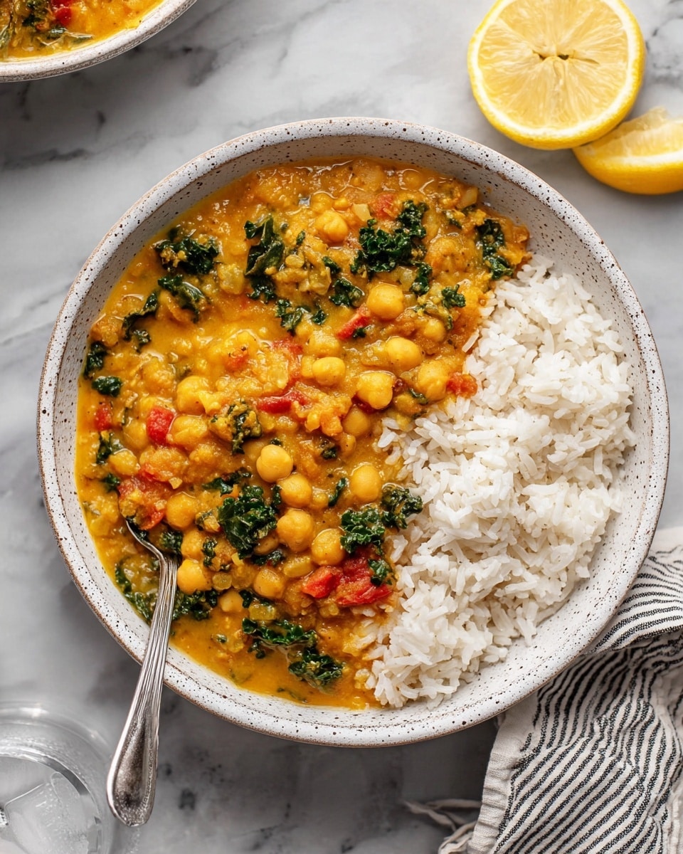A white speckled bowl holds two layers of food: on the left side, a thick yellow-orange stew with visible textures of chickpeas, diced tomatoes, chopped kale, and onions, creating a chunky and colorful mix; on the right side, a neat serving of white rice with soft, separated grains. A silver spoon rests inside the bowl, partially placed in the rice. In the background, there is a half squeezed lemon with some ice in it on a white marbled surface, along with a striped cloth at the bottom right. Photo taken with an iphone --ar 4:5 --v 7