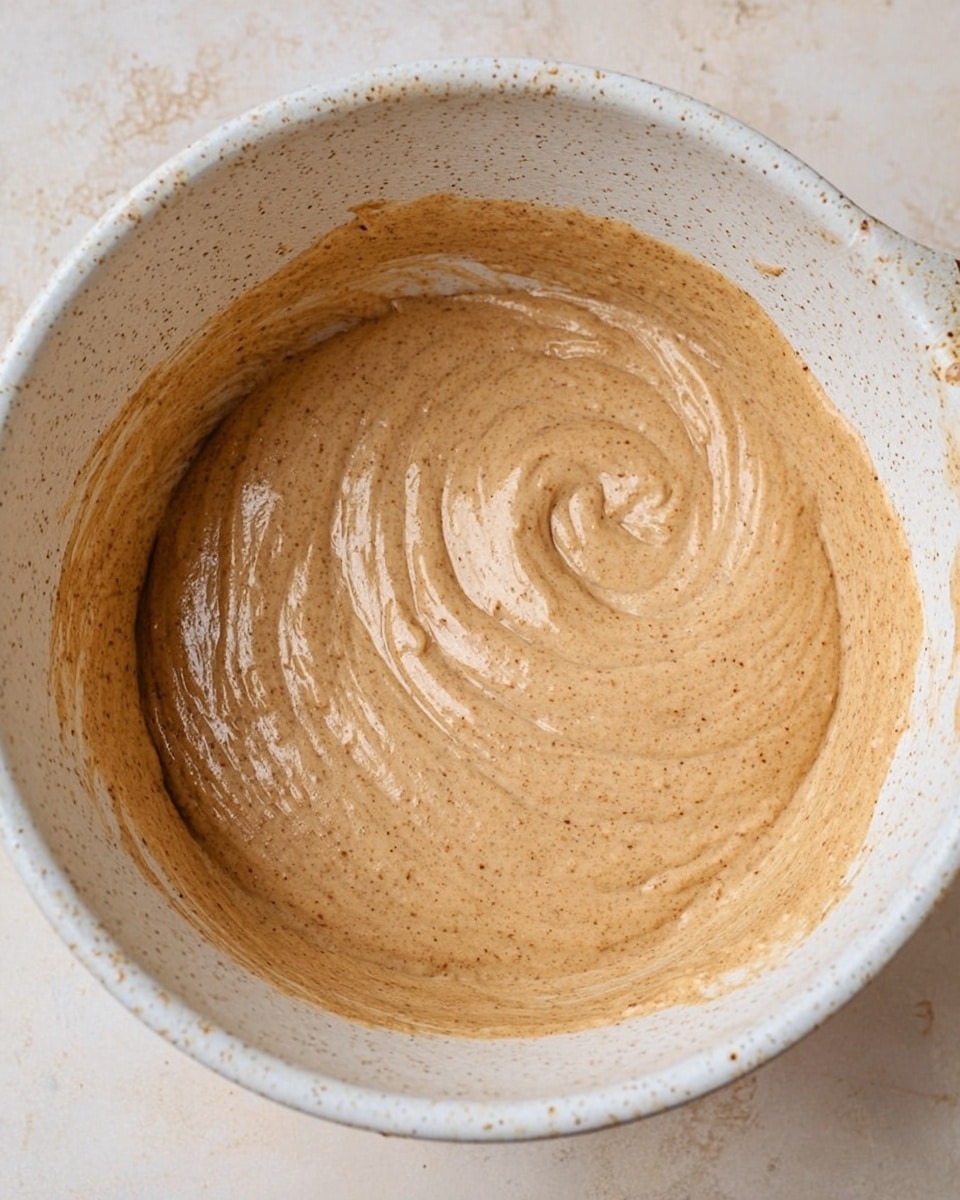 A close-up image of a light brown, smooth batter with small darker specks mixed evenly, resting inside a large speckled white mixing bowl. The batter fills the bowl partially, showing its thick and creamy texture with gentle swirls on the surface. The bowl sits on a white marbled textured surface with some batter traces on the bowl's inner sides. photo taken with an iphone --ar 4:5 --v 7