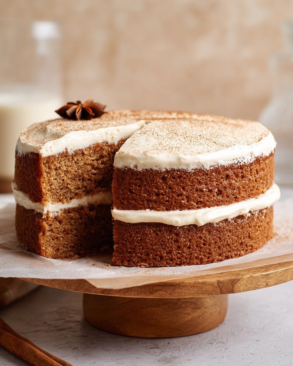 A two-layer brown sponge cake with visible soft texture is shown with a thick white cream layer between the two sponge layers and a smooth layer of white cream on top. The cake is set on parchment paper placed on a wooden stand, with some brown powder lightly dusted on the top cream layer and a small piece of star anise visible on the top left edge. The background is simple with a white marbled surface and a subtle beige tone behind, showing part of a glass in the background. photo taken with an iphone --ar 4:5 --v 7