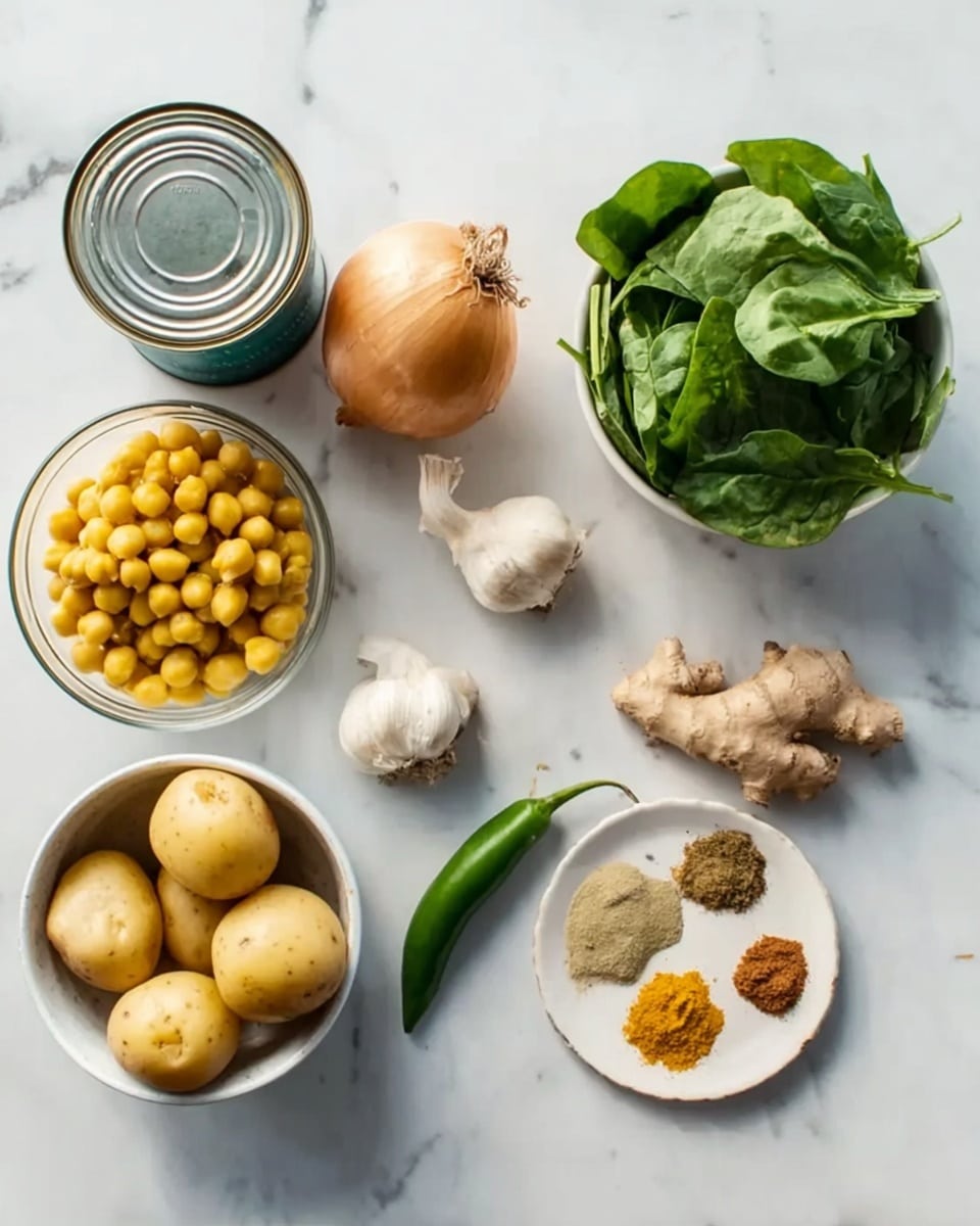 The image shows various cooking ingredients arranged on a white marbled surface. There is a small white bowl filled with fresh green spinach leaves on the right side. Next to it are two garlic cloves, a piece of ginger root, a small green chili, and an onion placed loosely in the middle area. On the left side, a glass bowl holds yellow chickpeas, and below it, a white bowl contains several small yellow potatoes. A small white plate has four different brown to orange spices neatly placed in separate sections. There is also an opened tin can on the far left. The overall setup looks very clean and natural, with ingredients spaced out clearly. photo taken with an iphone --ar 4:5 --v 7