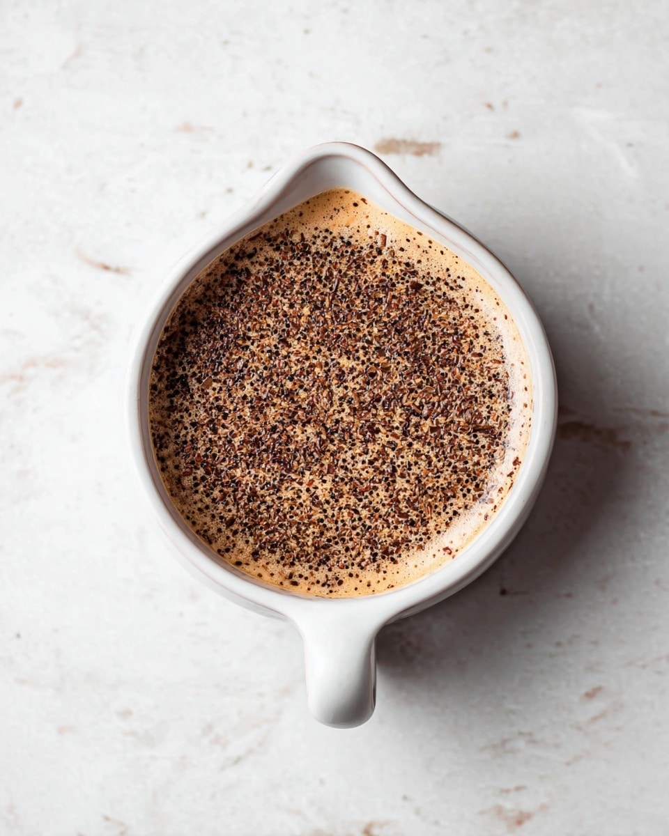 The image shows a single white ceramic bowl with a small spout at the bottom, filled to the brim with a creamy brown liquid scattered with tiny dark brown flakes, creating a speckled texture across the entire surface. The bowl is placed on a white marbled surface, and the shot is taken from above to clearly show the detailed texture of the liquid inside. photo taken with an iphone --ar 4:5 --v 7