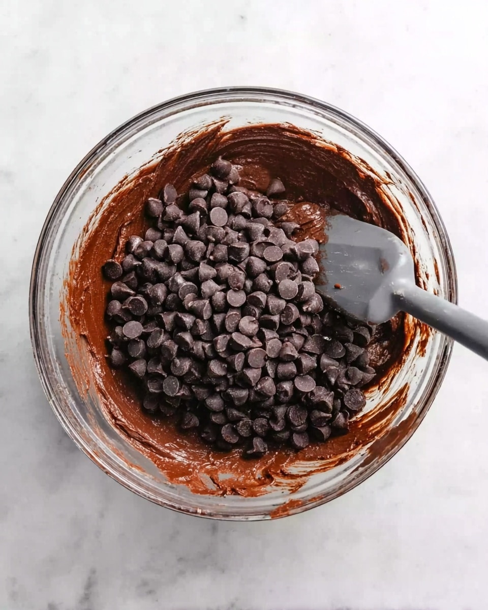 A clear glass bowl sits on a white marbled surface, filled with thick, smooth chocolate batter of dark brown color. On top, a large pile of small, shiny dark chocolate chips covers the center. A gray spatula rests in the bowl, partially covered in the batter, positioned on the right side. The bowl shows smears of chocolate batter along the inner sides, giving a rich, creamy texture impression. Photo taken with an iphone --ar 4:5 --v 7