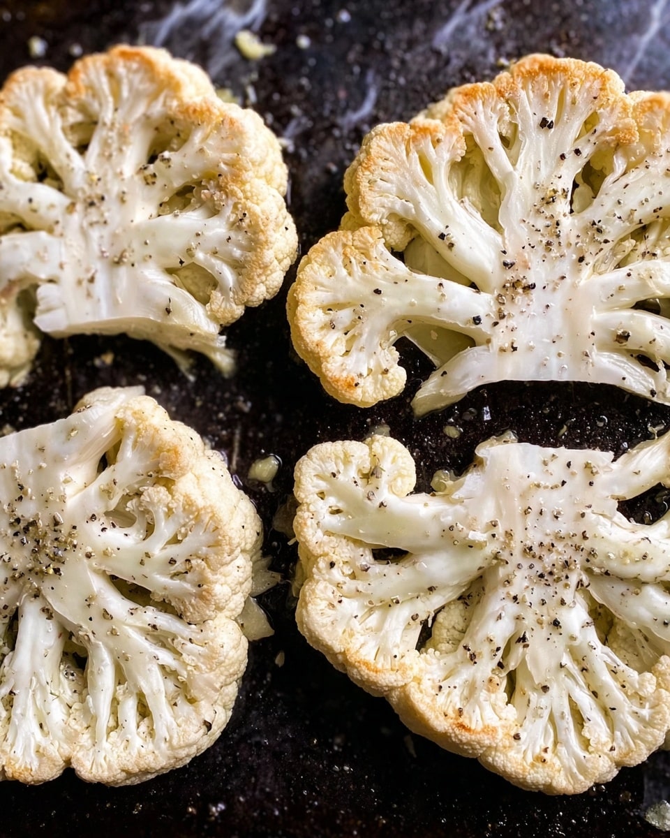 Three large cauliflower slices lie flat on a dark baking tray, each slice showing thick, white stems with branching, creamy florets. The florets have a light golden brown roast on parts of their edges, with small black and white specks of seasoning sprinkled evenly over the surface. The texture of the cauliflower looks firm but tender, and the scene is closely focused on the slices, showing their pattern and seasoning clearly. The background beneath the tray is white marbled texture. Photo taken with an iphone --ar 4:5 --v 7