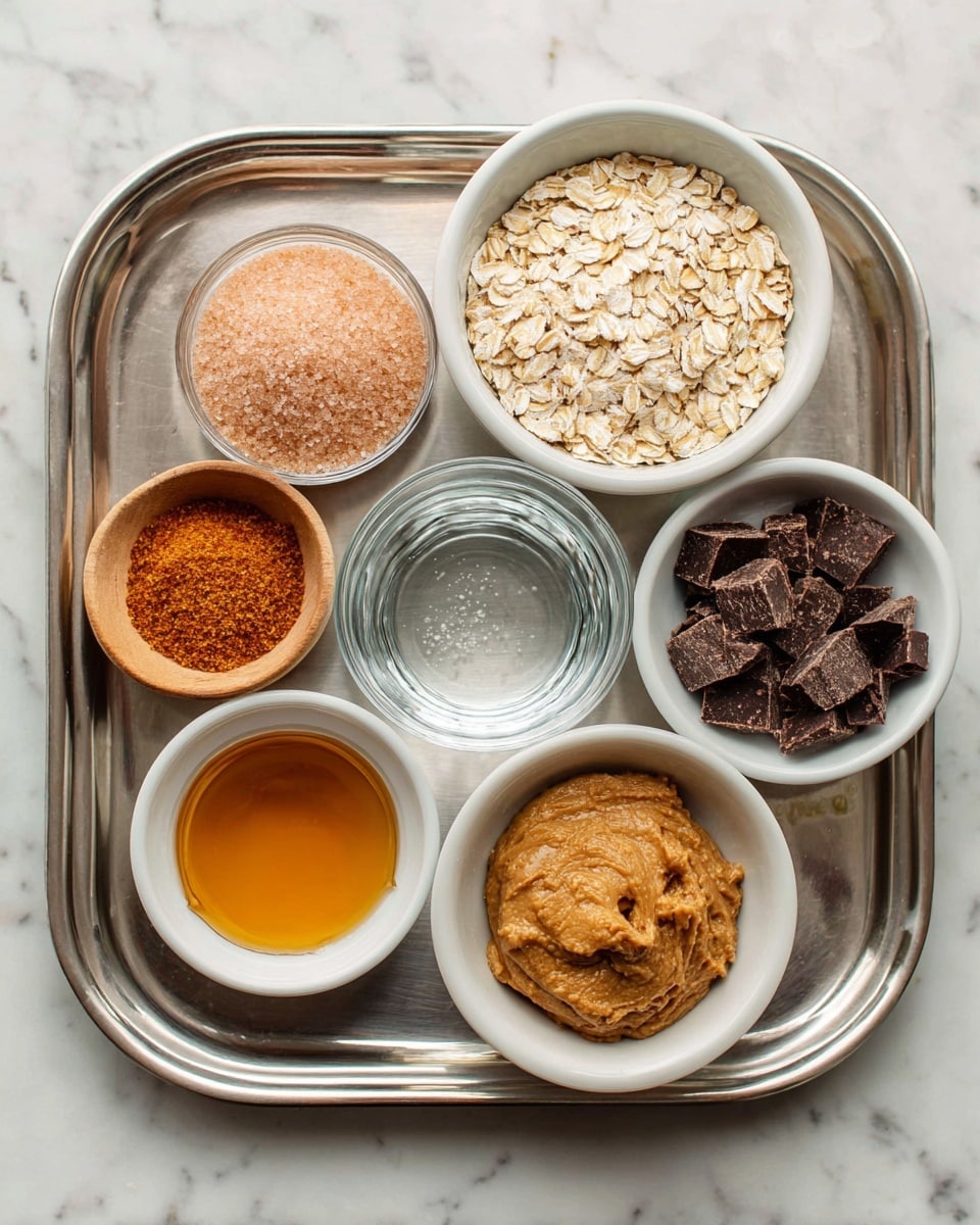 The image shows a silver tray with seven small white bowls arranged neatly on a white marbled surface. In the top row from left to right, there is a bowl filled with light brown sugar, a wooden bowl with light pink salt, a bowl full of pale beige rolled oats, and a small bowl containing a fine orange-brown spice. In the bottom row from left to right, there is a bowl with golden honey, a bowl of light brown creamy peanut butter, and a bowl holding dark brown chocolate chunks. In the middle of the tray is a small glass bowl with clear water. Photo taken with an iphone --ar 4:5 --v 7