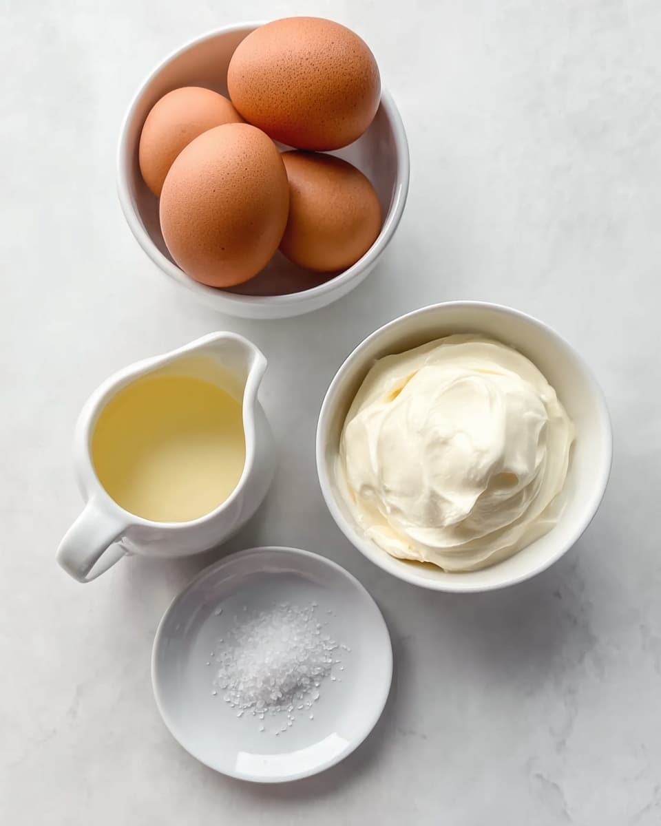 The image shows four brown eggs stacked in a white bowl at the top center. Below and slightly to the left is a small white jug filled with a pale yellow liquid. To the right of the jug is a white bowl with white creamy thick mixture inside, showing soft peaks on the surface. Below and centered between the jug and bowl is a small white plate with a small pile of coarse white salt. All items are placed on a white marbled surface. photo taken with an iphone --ar 4:5 --v 7