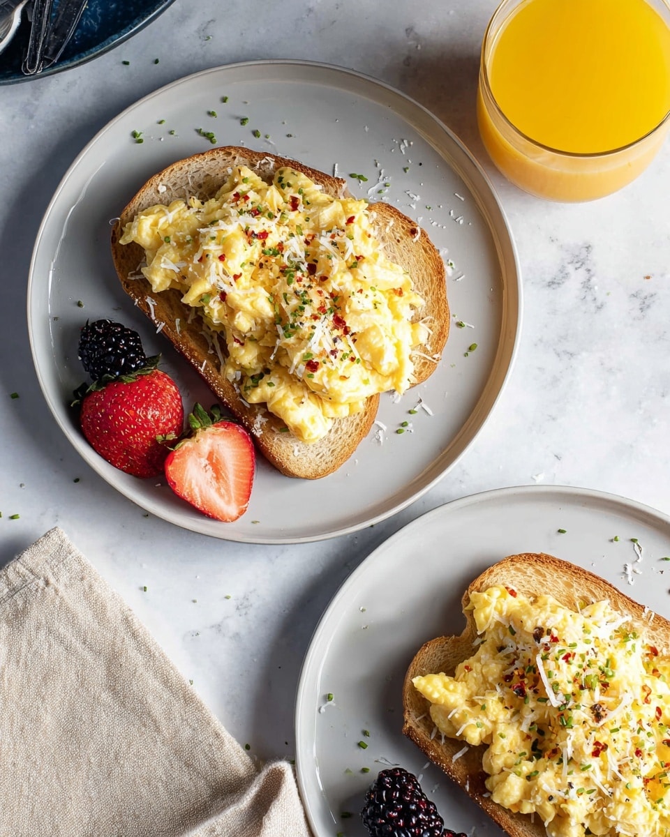Two white plates each hold a slice of toasted bread topped with soft, creamy scrambled eggs that are sprinkled with finely grated cheese, chopped chives, and red pepper flakes. On the bottom plate, next to the toast, there are two halved strawberries with green tops and three blackberries. Both plates sit on a white marbled surface with a faint cloth napkin visible nearby. A glass of orange juice is placed near the top right, showing a smooth and slightly pulpy texture. The lighting is natural, highlighting the warm colors and textures of the food photo taken with an iphone --ar 4:5 --v 7