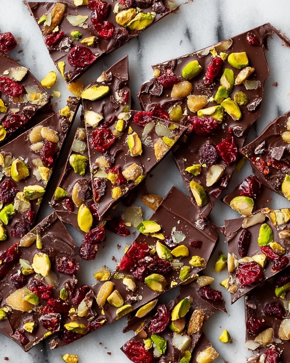 The image shows many irregular pieces of dark chocolate bark spread out on a white marbled surface, each piece topped with a mix of vibrant green pistachios, deep red dried cranberries, and small chunks of light tan ginger or similar dried fruit. The chocolate has a smooth, shiny texture, and the colorful nuts and fruits add a rough contrast on top. Photo taken with an iphone --ar 4:5 --v 7