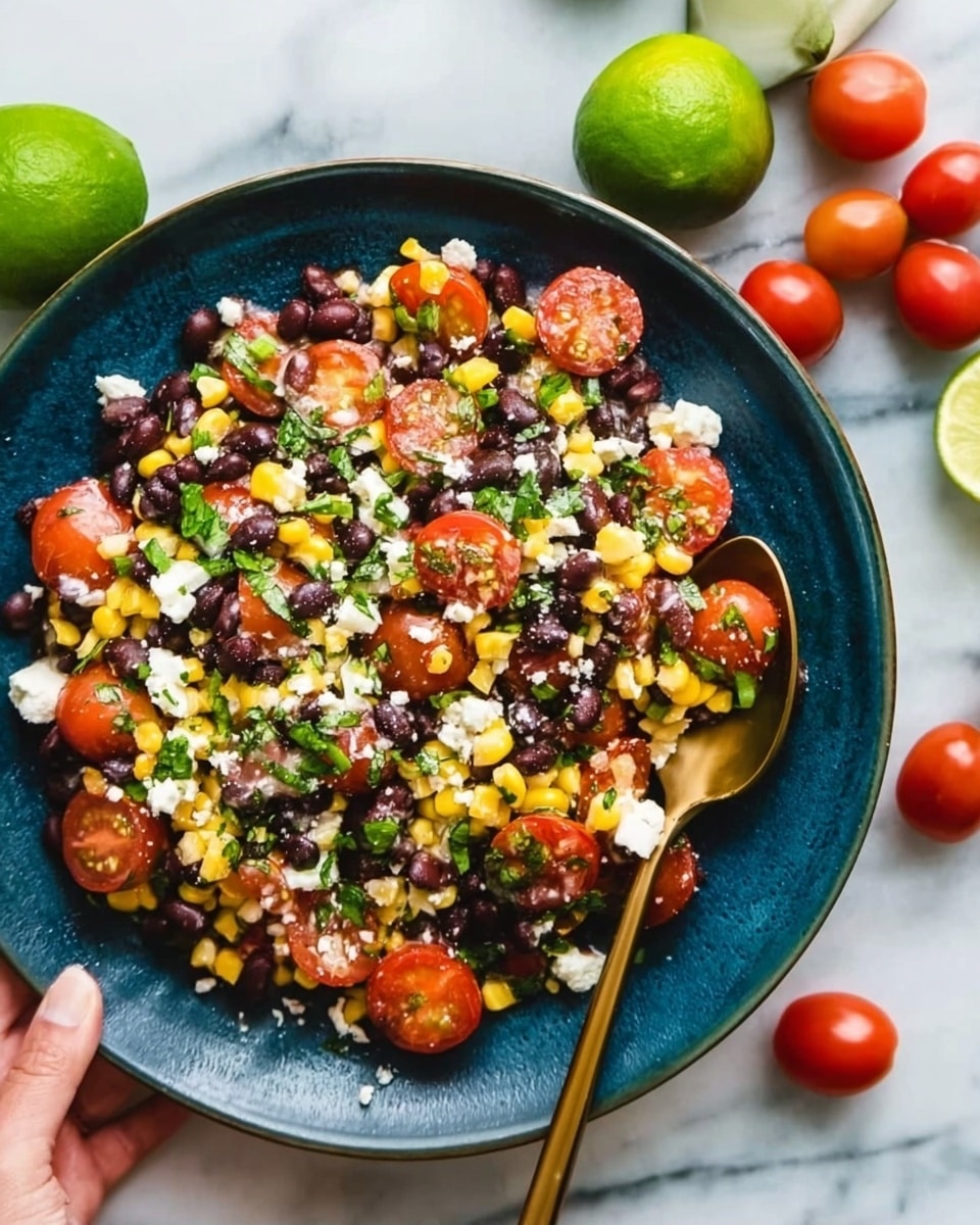 A close-up of a dark blue plate filled with a colorful salad made of black beans, yellow corn, halved red cherry tomatoes, small white cheese crumbles, and green chopped herbs mixed together. A golden spoon rests inside the salad on the right side of the plate. Around the plate on a white marbled surface are whole and halved green limes, and three whole red cherry tomatoes. A woman's hand holding the spoon from the right side touches the salad. photo taken with an iphone --ar 4:5 --v 7